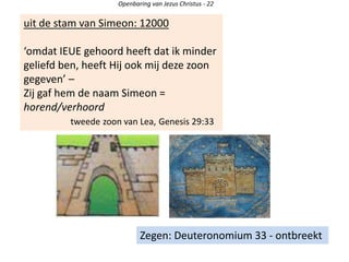 uit de stam van Simeon: 12000
‘omdat IEUE gehoord heeft dat ik minder
geliefd ben, heeft Hij ook mij deze zoon
gegeven’ –
Zij gaf hem de naam Simeon =
horend/verhoord
tweede zoon van Lea, Genesis 29:33
Openbaring van Jezus Christus - 22
Zegen: Deuteronomium 33 - ontbreekt
 