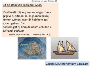 uit de stam van Zebulon: 12000
‘God heeft mij, mij een mooi geschenk
gegeven, ditmaal zal mijn man bij mij
komen wonen, want ik heb hem zes
zonen gebaard’ –
daarom gaf zij hem de naam Zebulon =
blijvend, gedurig
zesde zoon van Lea, Genesis 30:19,20
Openbaring van Jezus Christus - 22
Zegen: Deuteronomium 33:18,19
 