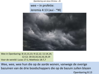 Openbaring van Jezus Christus - 25
Wee, wee, wee hun die op de aarde wonen, vanwege de overige
bazuinen van de drie boodschappers die op de bazuin zullen blazen
Openbaring 8:13
wee – in profetie:
Jeremia 4:13 (aui - ‫אוי‬)
Wee in Openbaring: 8:13,13,13; 9:12,12; 11:14,14;
12:12; 18:10,10,16,16,19,19
Voor de wereld: Lucas 17:1; Mattheüs 18:7,7
 