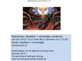 Openbaring van Jezus Christus - 25
Hebreeuws: Abaddon = vernietiger, verderver
(Job 26:6; 28:22; 31:12; Psalm 88:11; Spreuken 15:11; 27:20)
Grieks: Apollyon = vernietiger
Openbaring 9:11
boodschapper van de afgrond is koning ervan:
Spreuken 30:27 :
‘de sprinkhaan heeft geen koning,
maar hij trekt gezamenlijk ordelijk op
 