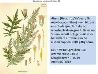 Openbaring van Jezus Christus - 25
Alsem (Hebr. ‫ָה‬‫נ‬ֲ‫ע‬ַ‫ל‬la’anah; Gr.:
αψινθος apsinthos) - een bittere
en schadelijke plant die op
woeste plaatsen groeit. De naam
'alsem' wordt ook gebruikt voor
het bittere aftreksel van de
alsemknoppen, zelfs giftig soms.
Deut.29:18; Spreuken 5:4;
Jeremia 9:15; 23:15;
Klaagliederen 3:15,19
Amos 5:7; 6:12
 