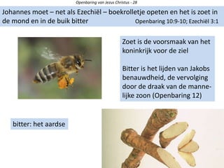 Openbaring van Jezus Christus - 28
Johannes moet – net als Ezechiël – boekrolletje opeten en het is zoet in
de mond en in de buik bitter Openbaring 10:9-10; Ezechiël 3:1
Zoet is de voorsmaak van het
koninkrijk voor de ziel
Bitter is het lijden van Jakobs
benauwdheid, de vervolging
door de draak van de manne-
lijke zoon (Openbaring 12)
bitter: het aardse
 