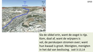 OP39
Sla de sikkel erin, want de oogst is rijp.
Kom, daal af, want de wijnpers is
vol, de perskuipen stromen over; want
hun kwaad is groot. Menigten, menigten
in het dal van beslissing. Joël 3:13,14
 
