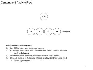 5
User Generated Content Flow
1. User (OP) creates user generated content
2. Notification sent to the user’s followers that new content is available
• Push to followers
3. Follower requests the user generated content from the OP
4. OP sends content to followers; which is displayed in their social feed
• Pulled by followers
OP
F2F1 F3 F4 Followers
Content and Activity Flow
 