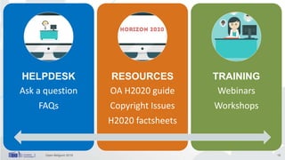 HELPDESK
Ask a question
FAQs
RESOURCES
OA H2020 guide
Copyright Issues
H2020 factsheets
TRAINING
Webinars
Workshops
Open B...