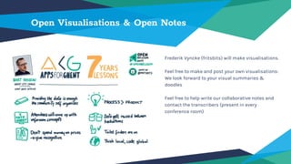 Open Visualisations & Open Notes
Frederik Vyncke (fritsbits) will make visualisations.
Feel free to make and post your own visualisations:
We look forward to your visual summaries &
doodles
Feel free to help write our collaborative notes and
contact the transcribers (present in every
conference room)
 