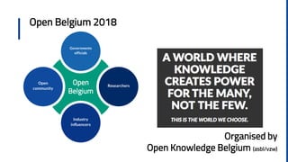 Open Belgium 2018
Open
Belgium
Open
community
Researchers
Governments
officials
Industry
influencers
Organised by
Open Knowledge Belgium (asbl/vzw)
 