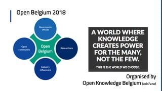 Open Belgium 2018
Open
Belgium
Open
community
Researchers
Governments
officials
Industry
influencers
Organised by
Open Kno...