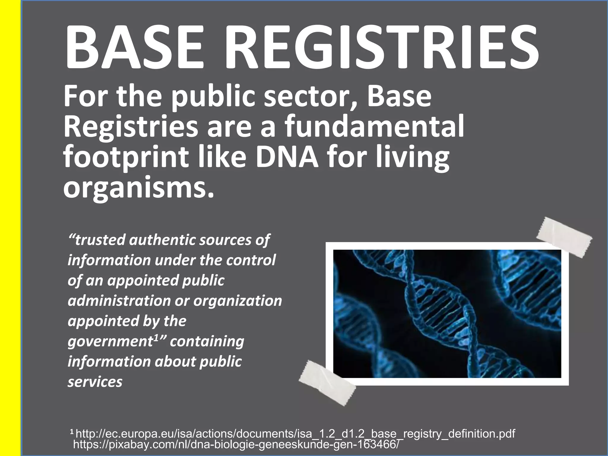 BASE REGISTRIES
For the public sector, Base
Registries are a fundamental
footprint like DNA for living
organisms.
“trusted authentic sources of
information under the control
of an appointed public
administration or organization
appointed by the
government1” containing
information about public
services
1 http://ec.europa.eu/isa/actions/documents/isa_1.2_d1.2_base_registry_definition.pdf
https://pixabay.com/nl/dna-biologie-geneeskunde-gen-163466/
 