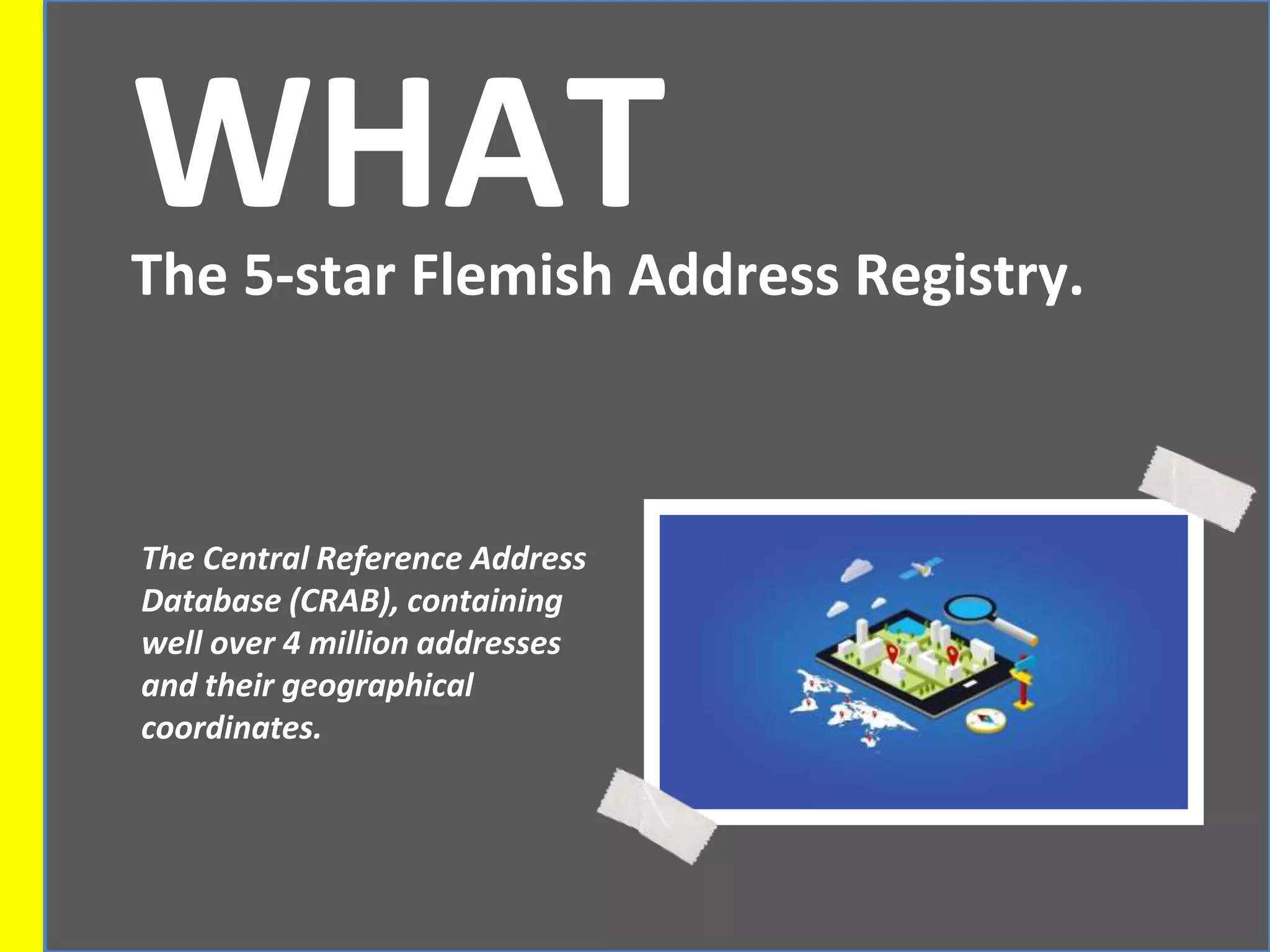 WHATThe 5-star Flemish Address Registry.
The Central Reference Address
Database (CRAB), containing
well over 4 million addresses
and their geographical
coordinates.
 