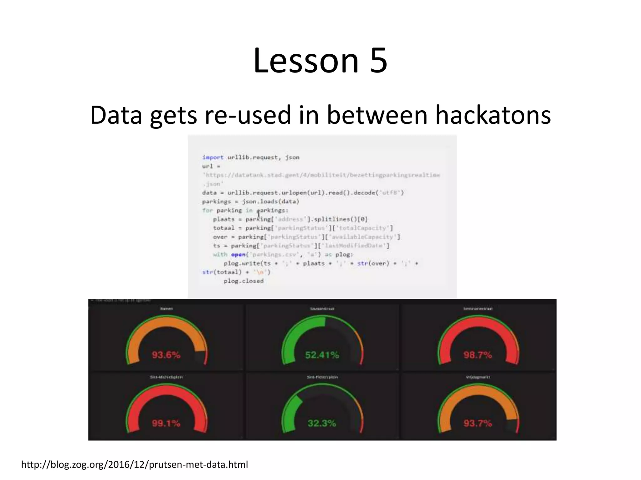 http://blog.zog.org/2016/12/prutsen-met-data.html
Lesson 5
Data gets re-used in between hackatons