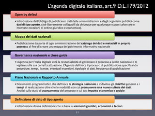11
• Introduzione,dell’obbligo,di,pubblicare,i,da4,delle,amministrazioni,e,degli,organismi,pubblici,come,
da#$di$#po$aperto,,cioè,liberamente,u4lizzabili,da,chiunque,per,qualunque,scopo,(salvo,rare,e,
mo4vate,eccezioni,di,ordine,giuridico,e,economico).,,
Open$by$defaul$,
• Pubblicazione,da,parte,di,ogni,amministrazione,del,catalogo$dei$da#$e$metada#$in$proprio$
possesso$al,ﬁne,di,creare,una,mappa,del,patrimonio,informa4vo,nazionale,
Mappa$dei$da#$nazionali,
• L’Agenzia,per,l’Italia,Digitale,avrà,la,responsabilità,di,governare,il,processo,a,livello,nazionale,e,di,
vigilare,sulla,sua,correFa,aFuazione.,L’Agenzia,deﬁnisce,il,processo,di,pubblicazione,speciﬁcando,
procedure,,tempi,,licenze,,eventuali,eccezioni,,4pologie,di,da4,,frequenza,di,pubblicazione,
Governance$nazionale$e$Linee$guida$,
• Documento,programma4co,che,deﬁnisce,la,strategia$nazionale$e,individua,gli,obie;vi$generali,e,i,
tempi$di,realizzazione,oltre,che,le,modalità,con,cui,promuovere$una$nuova$cultura$dei$da#.$
Analisi,sullo,stato,di,avanzamento$del,processo,e,sul,suo,impa=o$economico$e$sociale,
Piano$Nazionale$e$Rapporto$Annuale$
• Introduzione,di,una,deﬁnizione,che,si,basa,su,elemen#$giuridici,$economici$e$tecnici.,
Deﬁnizione$di$dato$di$#po$aperto$,
L’agenda digitale italiana, art.9 D.L.179/2012
 