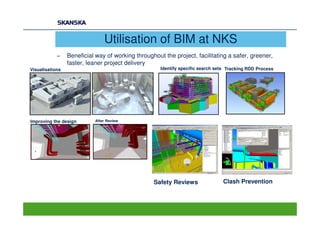Utilisation of BIM at NKS
            −    Beneficial way of working throughout the project, facilitating a safer, greener,
                 faster, leaner project delivery
Visualisations                                       Identify specific search sets Tracking RDD Process




Improving the design       After Review




                                                  Safety Reviews                Clash Prevention
 