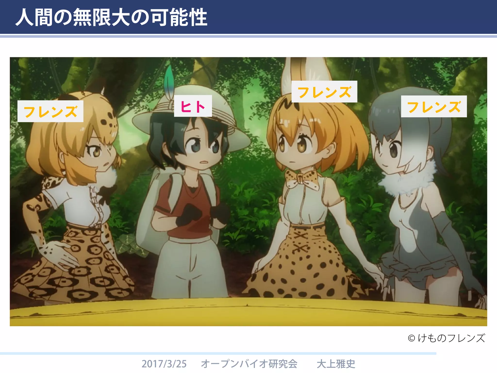 人間の無限大の可能性
2017/3/25 オープンバイオ研究会 大上雅史
ヒトフレンズ
フレンズ
フレンズ
© けものフレンズ
 