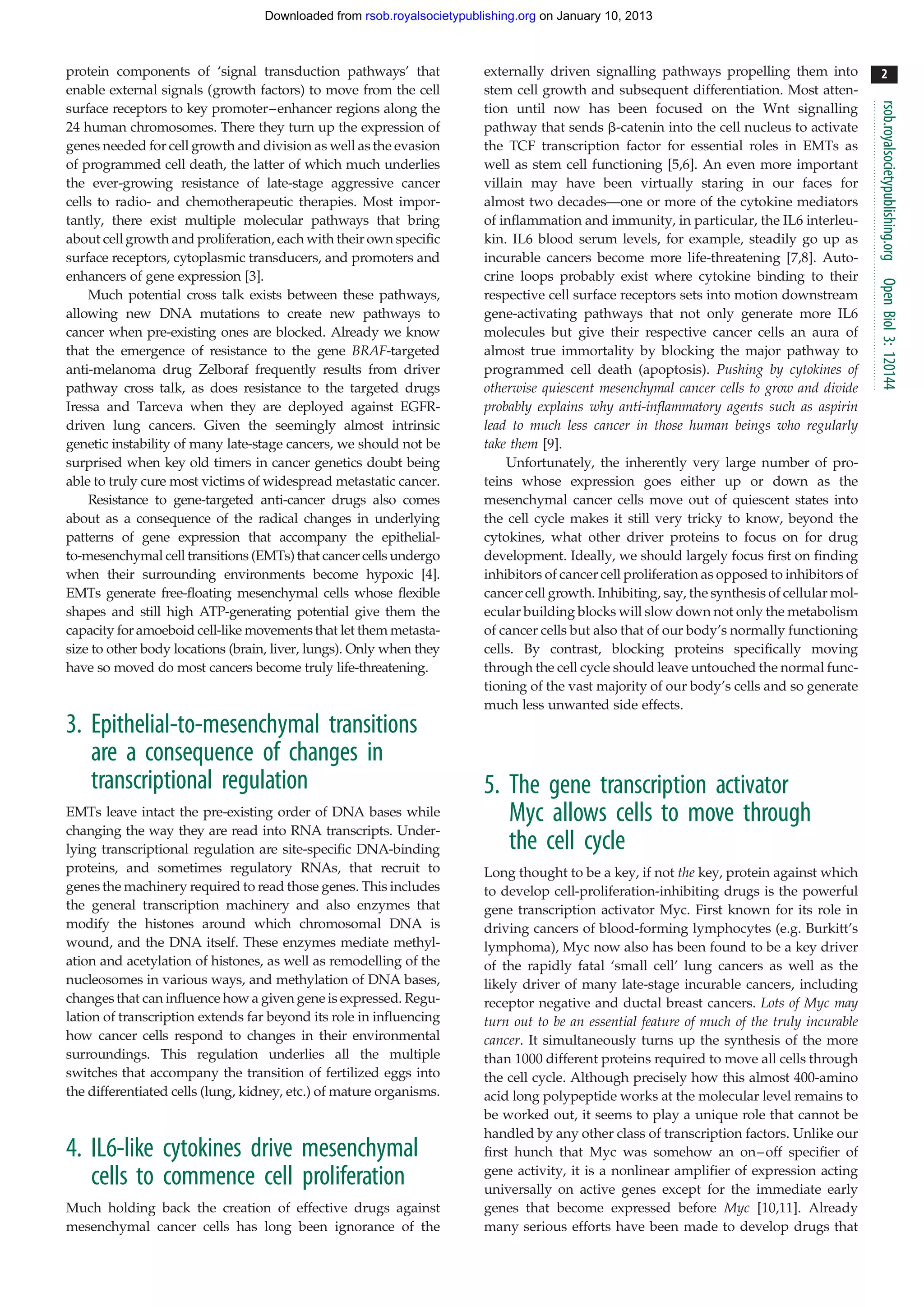 Downloaded from rsob.royalsocietypublishing.org on January 10, 2013



protein components of ‘signal transduction pathways’ that               externally driven signalling pathways propelling them into              2
enable external signals (growth factors) to move from the cell          stem cell growth and subsequent differentiation. Most atten-




                                                                                                                                              rsob.royalsocietypublishing.org
surface receptors to key promoter–enhancer regions along the            tion until now has been focused on the Wnt signalling
24 human chromosomes. There they turn up the expression of              pathway that sends b-catenin into the cell nucleus to activate
genes needed for cell growth and division as well as the evasion        the TCF transcription factor for essential roles in EMTs as
of programmed cell death, the latter of which much underlies            well as stem cell functioning [5,6]. An even more important
the ever-growing resistance of late-stage aggressive cancer             villain may have been virtually staring in our faces for
cells to radio- and chemotherapeutic therapies. Most impor-             almost two decades—one or more of the cytokine mediators
tantly, there exist multiple molecular pathways that bring              of inflammation and immunity, in particular, the IL6 interleu-
about cell growth and proliferation, each with their own specific       kin. IL6 blood serum levels, for example, steadily go up as
surface receptors, cytoplasmic transducers, and promoters and           incurable cancers become more life-threatening [7,8]. Auto-
enhancers of gene expression [3].                                       crine loops probably exist where cytokine binding to their




                                                                                                                                              Open Biol 3: 120144
    Much potential cross talk exists between these pathways,            respective cell surface receptors sets into motion downstream
allowing new DNA mutations to create new pathways to                    gene-activating pathways that not only generate more IL6
cancer when pre-existing ones are blocked. Already we know              molecules but give their respective cancer cells an aura of
that the emergence of resistance to the gene BRAF-targeted              almost true immortality by blocking the major pathway to
anti-melanoma drug Zelboraf frequently results from driver              programmed cell death (apoptosis). Pushing by cytokines of
pathway cross talk, as does resistance to the targeted drugs            otherwise quiescent mesenchymal cancer cells to grow and divide
Iressa and Tarceva when they are deployed against EGFR-                 probably explains why anti-inflammatory agents such as aspirin
driven lung cancers. Given the seemingly almost intrinsic               lead to much less cancer in those human beings who regularly
genetic instability of many late-stage cancers, we should not be        take them [9].
surprised when key old timers in cancer genetics doubt being                Unfortunately, the inherently very large number of pro-
able to truly cure most victims of widespread metastatic cancer.        teins whose expression goes either up or down as the
    Resistance to gene-targeted anti-cancer drugs also comes            mesenchymal cancer cells move out of quiescent states into
about as a consequence of the radical changes in underlying             the cell cycle makes it still very tricky to know, beyond the
patterns of gene expression that accompany the epithelial-              cytokines, what other driver proteins to focus on for drug
to-mesenchymal cell transitions (EMTs) that cancer cells undergo        development. Ideally, we should largely focus first on finding
when their surrounding environments become hypoxic [4].                 inhibitors of cancer cell proliferation as opposed to inhibitors of
EMTs generate free-floating mesenchymal cells whose flexible            cancer cell growth. Inhibiting, say, the synthesis of cellular mol-
shapes and still high ATP-generating potential give them the            ecular building blocks will slow down not only the metabolism
capacity for amoeboid cell-like movements that let them metasta-        of cancer cells but also that of our body’s normally functioning
size to other body locations (brain, liver, lungs). Only when they      cells. By contrast, blocking proteins specifically moving
have so moved do most cancers become truly life-threatening.            through the cell cycle should leave untouched the normal func-
                                                                        tioning of the vast majority of our body’s cells and so generate
                                                                        much less unwanted side effects.
3. Epithelial-to-mesenchymal transitions
   are a consequence of changes in
   transcriptional regulation                                           5. The gene transcription activator
EMTs leave intact the pre-existing order of DNA bases while                Myc allows cells to move through
changing the way they are read into RNA transcripts. Under-
lying transcriptional regulation are site-specific DNA-binding             the cell cycle
proteins, and sometimes regulatory RNAs, that recruit to                Long thought to be a key, if not the key, protein against which
genes the machinery required to read those genes. This includes         to develop cell-proliferation-inhibiting drugs is the powerful
the general transcription machinery and also enzymes that               gene transcription activator Myc. First known for its role in
modify the histones around which chromosomal DNA is                     driving cancers of blood-forming lymphocytes (e.g. Burkitt’s
wound, and the DNA itself. These enzymes mediate methyl-                lymphoma), Myc now also has been found to be a key driver
ation and acetylation of histones, as well as remodelling of the        of the rapidly fatal ‘small cell’ lung cancers as well as the
nucleosomes in various ways, and methylation of DNA bases,              likely driver of many late-stage incurable cancers, including
changes that can influence how a given gene is expressed. Regu-         receptor negative and ductal breast cancers. Lots of Myc may
lation of transcription extends far beyond its role in influencing      turn out to be an essential feature of much of the truly incurable
how cancer cells respond to changes in their environmental              cancer. It simultaneously turns up the synthesis of the more
surroundings. This regulation underlies all the multiple                than 1000 different proteins required to move all cells through
switches that accompany the transition of fertilized eggs into          the cell cycle. Although precisely how this almost 400-amino
the differentiated cells (lung, kidney, etc.) of mature organisms.      acid long polypeptide works at the molecular level remains to
                                                                        be worked out, it seems to play a unique role that cannot be
                                                                        handled by any other class of transcription factors. Unlike our
4. IL6-like cytokines drive mesenchymal                                 first hunch that Myc was somehow an on –off specifier of
                                                                        gene activity, it is a nonlinear amplifier of expression acting
   cells to commence cell proliferation                                 universally on active genes except for the immediate early
Much holding back the creation of effective drugs against               genes that become expressed before Myc [10,11]. Already
mesenchymal cancer cells has long been ignorance of the                 many serious efforts have been made to develop drugs that
 