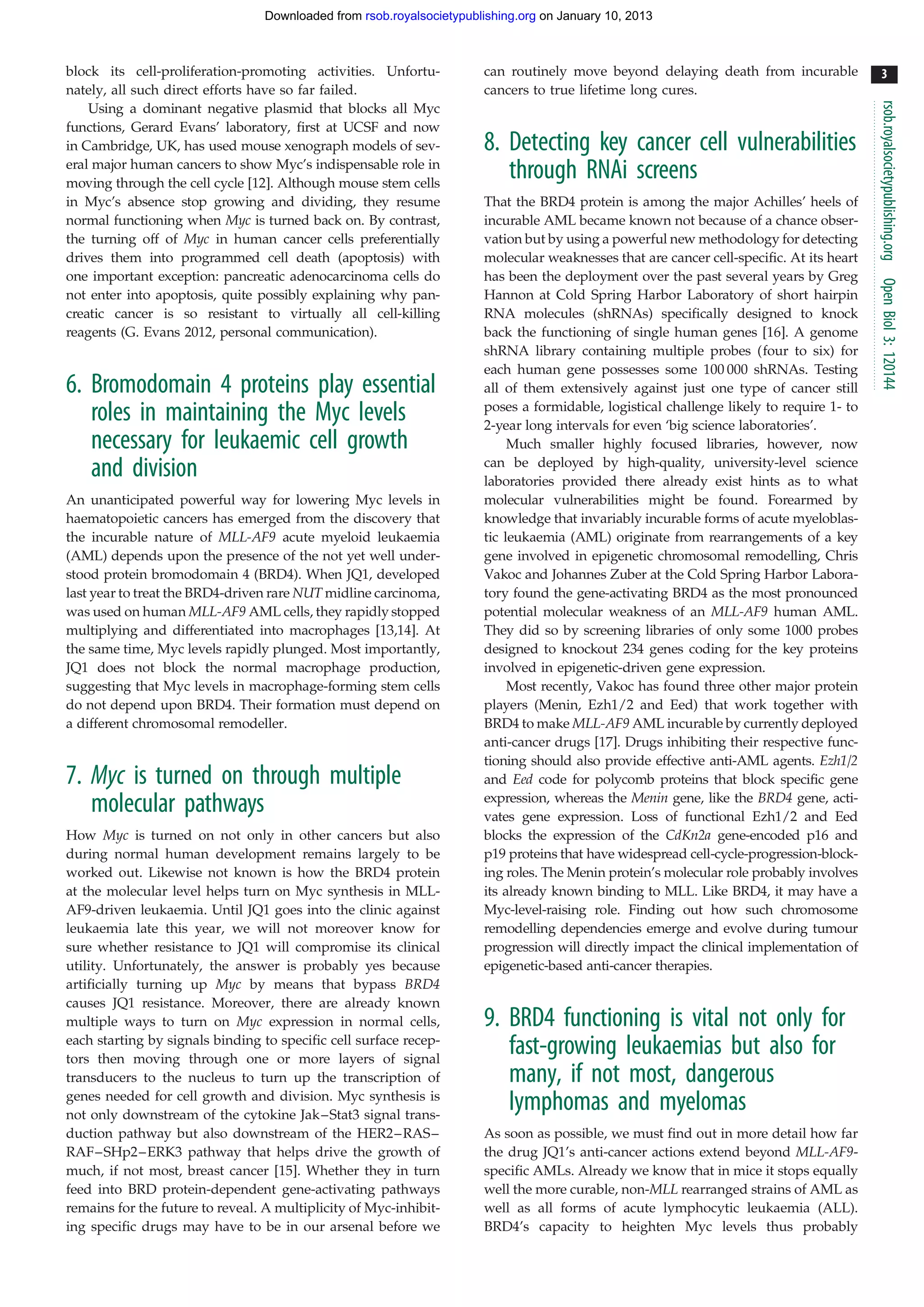 Downloaded from rsob.royalsocietypublishing.org on January 10, 2013



block its cell-proliferation-promoting activities. Unfortu-            can routinely move beyond delaying death from incurable              3
nately, all such direct efforts have so far failed.                    cancers to true lifetime long cures.




                                                                                                                                          rsob.royalsocietypublishing.org
    Using a dominant negative plasmid that blocks all Myc
functions, Gerard Evans’ laboratory, first at UCSF and now
in Cambridge, UK, has used mouse xenograph models of sev-              8. Detecting key cancer cell vulnerabilities
eral major human cancers to show Myc’s indispensable role in
moving through the cell cycle [12]. Although mouse stem cells
                                                                          through RNAi screens
in Myc’s absence stop growing and dividing, they resume                That the BRD4 protein is among the major Achilles’ heels of
normal functioning when Myc is turned back on. By contrast,            incurable AML became known not because of a chance obser-
the turning off of Myc in human cancer cells preferentially            vation but by using a powerful new methodology for detecting
drives them into programmed cell death (apoptosis) with                molecular weaknesses that are cancer cell-specific. At its heart
one important exception: pancreatic adenocarcinoma cells do            has been the deployment over the past several years by Greg




                                                                                                                                          Open Biol 3: 120144
not enter into apoptosis, quite possibly explaining why pan-           Hannon at Cold Spring Harbor Laboratory of short hairpin
creatic cancer is so resistant to virtually all cell-killing           RNA molecules (shRNAs) specifically designed to knock
reagents (G. Evans 2012, personal communication).                      back the functioning of single human genes [16]. A genome
                                                                       shRNA library containing multiple probes (four to six) for
                                                                       each human gene possesses some 100 000 shRNAs. Testing
6. Bromodomain 4 proteins play essential                               all of them extensively against just one type of cancer still
                                                                       poses a formidable, logistical challenge likely to require 1- to
   roles in maintaining the Myc levels                                 2-year long intervals for even ‘big science laboratories’.
   necessary for leukaemic cell growth                                      Much smaller highly focused libraries, however, now
                                                                       can be deployed by high-quality, university-level science
   and division                                                        laboratories provided there already exist hints as to what
An unanticipated powerful way for lowering Myc levels in               molecular vulnerabilities might be found. Forearmed by
haematopoietic cancers has emerged from the discovery that             knowledge that invariably incurable forms of acute myeloblas-
the incurable nature of MLL-AF9 acute myeloid leukaemia                tic leukaemia (AML) originate from rearrangements of a key
(AML) depends upon the presence of the not yet well under-             gene involved in epigenetic chromosomal remodelling, Chris
stood protein bromodomain 4 (BRD4). When JQ1, developed                Vakoc and Johannes Zuber at the Cold Spring Harbor Labora-
last year to treat the BRD4-driven rare NUT midline carcinoma,         tory found the gene-activating BRD4 as the most pronounced
was used on human MLL-AF9 AML cells, they rapidly stopped              potential molecular weakness of an MLL-AF9 human AML.
multiplying and differentiated into macrophages [13,14]. At            They did so by screening libraries of only some 1000 probes
the same time, Myc levels rapidly plunged. Most importantly,           designed to knockout 234 genes coding for the key proteins
JQ1 does not block the normal macrophage production,                   involved in epigenetic-driven gene expression.
suggesting that Myc levels in macrophage-forming stem cells                 Most recently, Vakoc has found three other major protein
do not depend upon BRD4. Their formation must depend on                players (Menin, Ezh1/2 and Eed) that work together with
a different chromosomal remodeller.                                    BRD4 to make MLL-AF9 AML incurable by currently deployed
                                                                       anti-cancer drugs [17]. Drugs inhibiting their respective func-
                                                                       tioning should also provide effective anti-AML agents. Ezh1/2
7. Myc is turned on through multiple                                   and Eed code for polycomb proteins that block specific gene
                                                                       expression, whereas the Menin gene, like the BRD4 gene, acti-
   molecular pathways                                                  vates gene expression. Loss of functional Ezh1/2 and Eed
How Myc is turned on not only in other cancers but also                blocks the expression of the CdKn2a gene-encoded p16 and
during normal human development remains largely to be                  p19 proteins that have widespread cell-cycle-progression-block-
worked out. Likewise not known is how the BRD4 protein                 ing roles. The Menin protein’s molecular role probably involves
at the molecular level helps turn on Myc synthesis in MLL-             its already known binding to MLL. Like BRD4, it may have a
AF9-driven leukaemia. Until JQ1 goes into the clinic against           Myc-level-raising role. Finding out how such chromosome
leukaemia late this year, we will not moreover know for                remodelling dependencies emerge and evolve during tumour
sure whether resistance to JQ1 will compromise its clinical            progression will directly impact the clinical implementation of
utility. Unfortunately, the answer is probably yes because             epigenetic-based anti-cancer therapies.
artificially turning up Myc by means that bypass BRD4
causes JQ1 resistance. Moreover, there are already known
multiple ways to turn on Myc expression in normal cells,               9. BRD4 functioning is vital not only for
each starting by signals binding to specific cell surface recep-
tors then moving through one or more layers of signal
                                                                          fast-growing leukaemias but also for
transducers to the nucleus to turn up the transcription of                many, if not most, dangerous
genes needed for cell growth and division. Myc synthesis is
not only downstream of the cytokine Jak –Stat3 signal trans-
                                                                          lymphomas and myelomas
duction pathway but also downstream of the HER2–RAS –                  As soon as possible, we must find out in more detail how far
RAF– SHp2–ERK3 pathway that helps drive the growth of                  the drug JQ1’s anti-cancer actions extend beyond MLL-AF9-
much, if not most, breast cancer [15]. Whether they in turn            specific AMLs. Already we know that in mice it stops equally
feed into BRD protein-dependent gene-activating pathways               well the more curable, non-MLL rearranged strains of AML as
remains for the future to reveal. A multiplicity of Myc-inhibit-       well as all forms of acute lymphocytic leukaemia (ALL).
ing specific drugs may have to be in our arsenal before we             BRD4’s capacity to heighten Myc levels thus probably
 