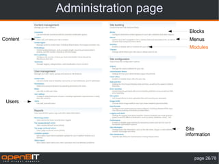 Administration page
                                 Blocks
Content                          Menus
                                 Modules




 Users




                                Site
                                information



                                   page 26/78
 