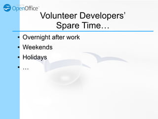 Volunteer Developers’
Spare Time…
● Overnight after work
● Weekends
● Holidays
● …
 