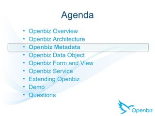Agenda <ul><li>Openbiz Overview </li></ul><ul><li>Openbiz Architecture </li></ul><ul><li>Openbiz Metadata </li></ul><ul><l...