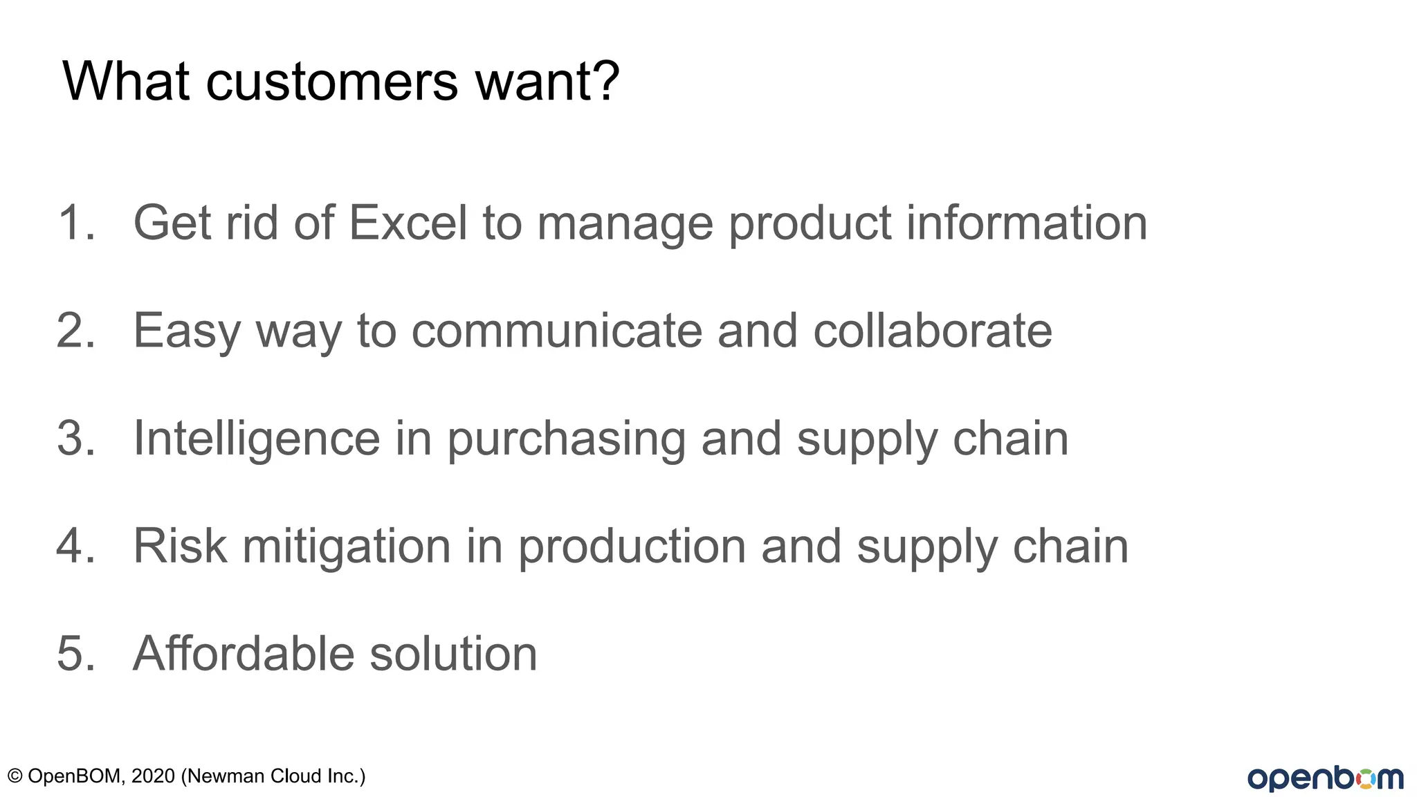 What customers want?
1. Get rid of Excel to manage product information
2. Easy way to communicate and collaborate
3. Intelligence in purchasing and supply chain
4. Risk mitigation in production and supply chain
5. Affordable solution
© OpenBOM, 2020 (Newman Cloud Inc.)
 