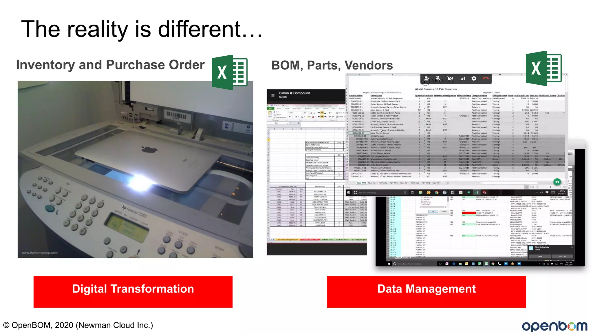 The reality is different…
Digital Transformation Data Management
Inventory and Purchase Order BOM, Parts, Vendors
© OpenBOM, 2020 (Newman Cloud Inc.)
 