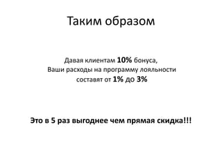 Таким образом

        Давая клиентам 10% бонуса,
    Ваши расходы на программу лояльности
            составят от 1% до 3%




Это в 5 раз выгоднее чем прямая скидка!!!
 