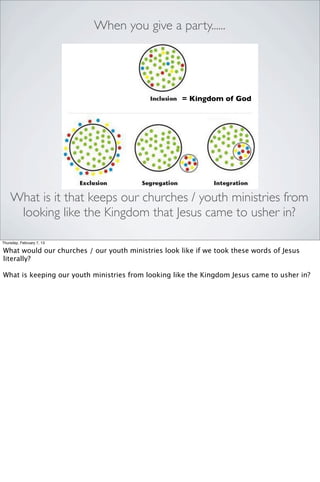 When you give a party......




                                                     = Kingdom of God




    What is it that keeps our churches / youth ministries from
     looking like the Kingdom that Jesus came to usher in?

Thursday, February 7, 13

What would our churches / our youth ministries look like if we took these words of Jesus
literally?

What is keeping our youth ministries from looking like the Kingdom Jesus came to usher in?
 