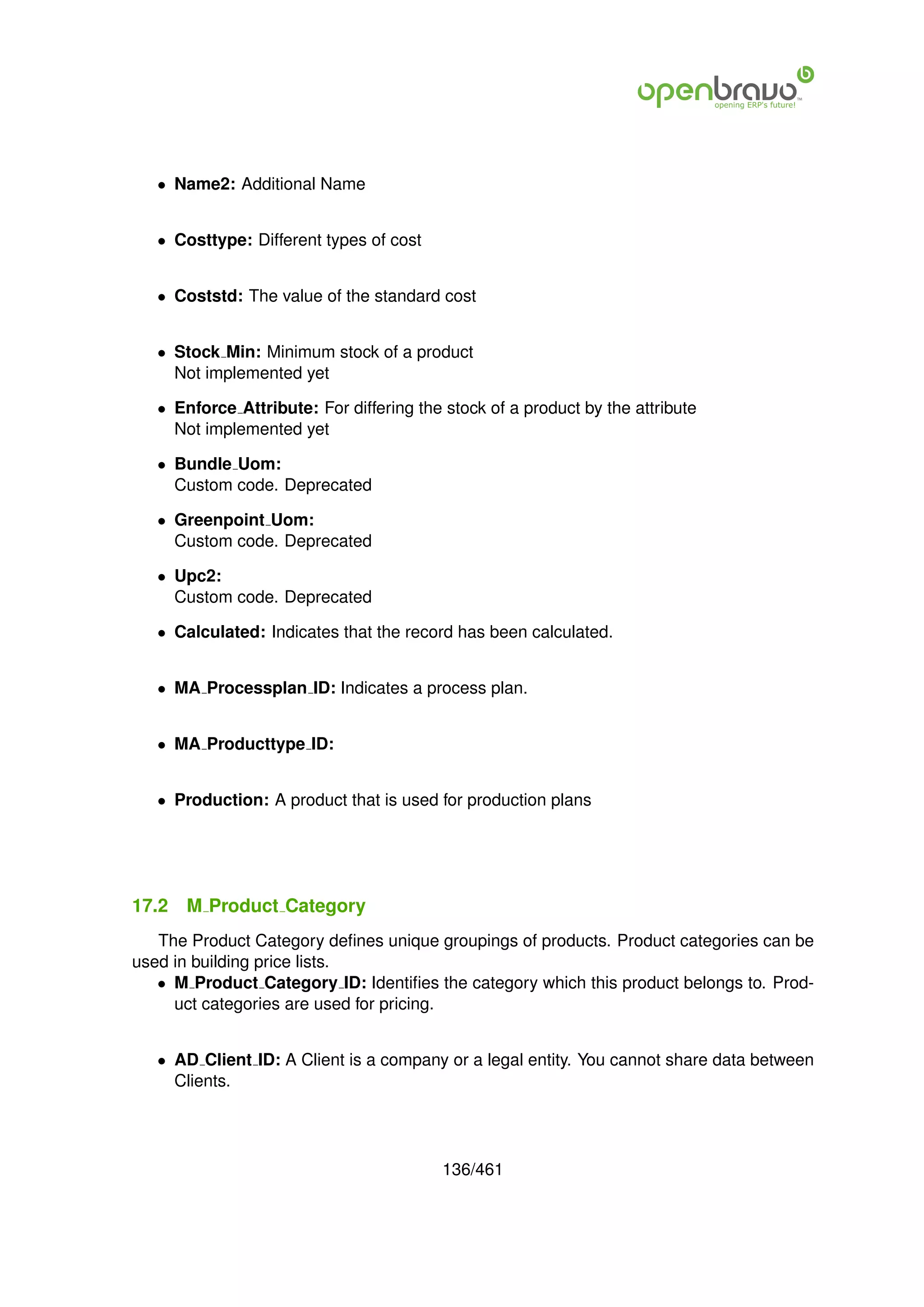 • Name2: Additional Name


   • Costtype: Different types of cost


   • Coststd: The value of the standard cost


   • Stock Min: Minimum stock of a product
     Not implemented yet

   • Enforce Attribute: For differing the stock of a product by the attribute
     Not implemented yet

   • Bundle Uom:
     Custom code. Deprecated

   • Greenpoint Uom:
     Custom code. Deprecated

   • Upc2:
     Custom code. Deprecated

   • Calculated: Indicates that the record has been calculated.


   • MA Processplan ID: Indicates a process plan.


   • MA Producttype ID:


   • Production: A product that is used for production plans




17.2   M Product Category
   The Product Category deﬁnes unique groupings of products. Product categories can be
used in building price lists.
   • M Product Category ID: Identiﬁes the category which this product belongs to. Prod-
     uct categories are used for pricing.


   • AD Client ID: A Client is a company or a legal entity. You cannot share data between
     Clients.




                                          136/461
 
