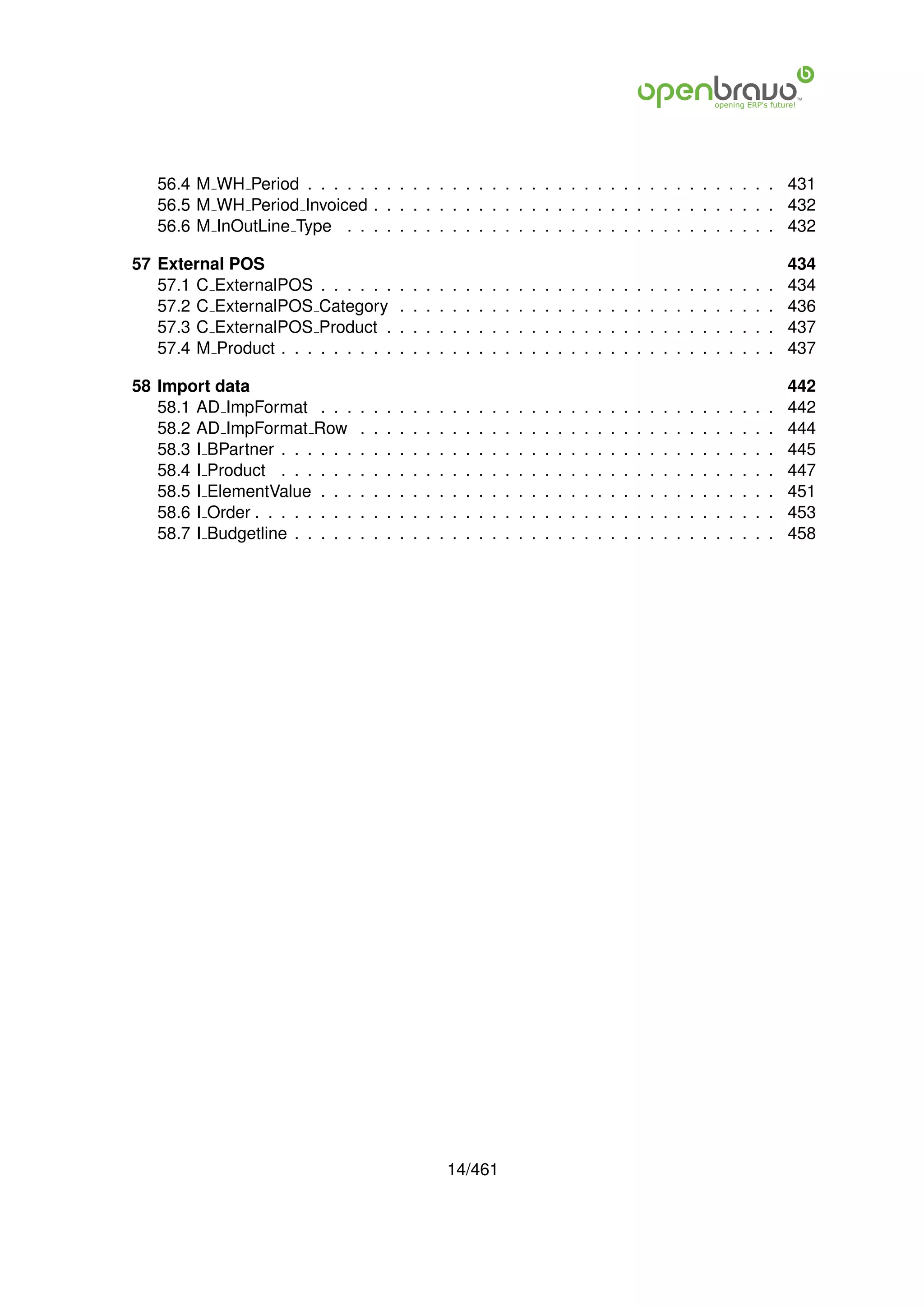 56.4 M WH Period . . . . . . . . . . . . . . . . . . . . . . . . . . . . . . . . . . . . 431
   56.5 M WH Period Invoiced . . . . . . . . . . . . . . . . . . . . . . . . . . . . . . . 432
   56.6 M InOutLine Type . . . . . . . . . . . . . . . . . . . . . . . . . . . . . . . . . 432

57 External POS                                                                                                                                                   434
   57.1 C ExternalPOS     . . . . . .         .   .   .   .   .   .   .   .   .   .   .   .   .   .   .   .   .   .   .   .   .   .   .   .   .   .   .   .   .   434
   57.2 C ExternalPOS     Category            .   .   .   .   .   .   .   .   .   .   .   .   .   .   .   .   .   .   .   .   .   .   .   .   .   .   .   .   .   436
   57.3 C ExternalPOS     Product .           .   .   .   .   .   .   .   .   .   .   .   .   .   .   .   .   .   .   .   .   .   .   .   .   .   .   .   .   .   437
   57.4 M Product . . .   . . . . . .         .   .   .   .   .   .   .   .   .   .   .   .   .   .   .   .   .   .   .   .   .   .   .   .   .   .   .   .   .   437

58 Import data                                                                                                                                                    442
   58.1 AD ImpFormat . . .        .   .   .   .   .   .   .   .   .   .   .   .   .   .   .   .   .   .   .   .   .   .   .   .   .   .   .   .   .   .   .   .   442
   58.2 AD ImpFormat Row          .   .   .   .   .   .   .   .   .   .   .   .   .   .   .   .   .   .   .   .   .   .   .   .   .   .   .   .   .   .   .   .   444
   58.3 I BPartner . . . . . .    .   .   .   .   .   .   .   .   .   .   .   .   .   .   .   .   .   .   .   .   .   .   .   .   .   .   .   .   .   .   .   .   445
   58.4 I Product . . . . . .     .   .   .   .   .   .   .   .   .   .   .   .   .   .   .   .   .   .   .   .   .   .   .   .   .   .   .   .   .   .   .   .   447
   58.5 I ElementValue . . .      .   .   .   .   .   .   .   .   .   .   .   .   .   .   .   .   .   .   .   .   .   .   .   .   .   .   .   .   .   .   .   .   451
   58.6 I Order . . . . . . . .   .   .   .   .   .   .   .   .   .   .   .   .   .   .   .   .   .   .   .   .   .   .   .   .   .   .   .   .   .   .   .   .   453
   58.7 I Budgetline . . . . .    .   .   .   .   .   .   .   .   .   .   .   .   .   .   .   .   .   .   .   .   .   .   .   .   .   .   .   .   .   .   .   .   458




                                                              14/461
 