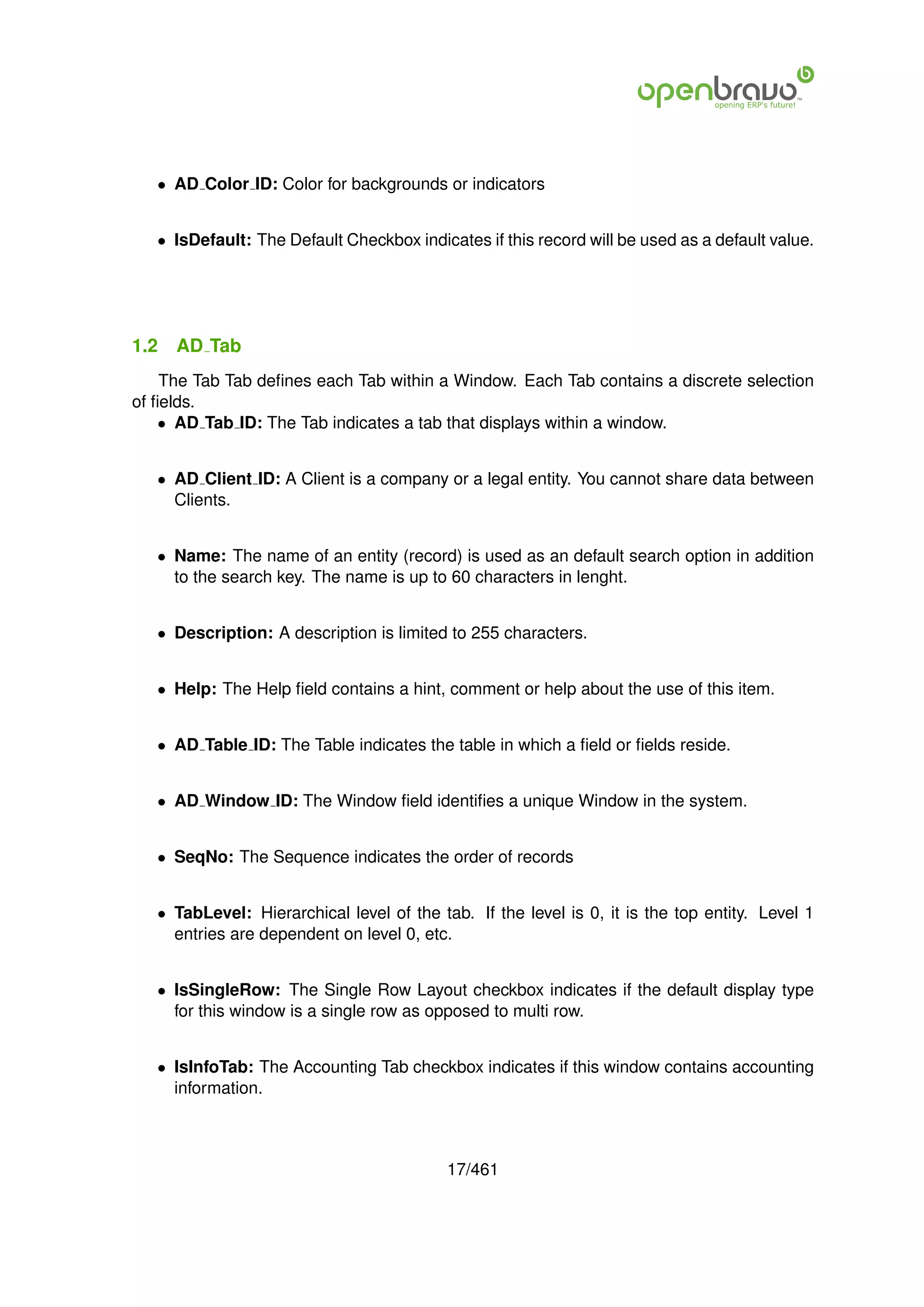 • AD Color ID: Color for backgrounds or indicators


   • IsDefault: The Default Checkbox indicates if this record will be used as a default value.




1.2   AD Tab
    The Tab Tab deﬁnes each Tab within a Window. Each Tab contains a discrete selection
of ﬁelds.
    • AD Tab ID: The Tab indicates a tab that displays within a window.


   • AD Client ID: A Client is a company or a legal entity. You cannot share data between
     Clients.


   • Name: The name of an entity (record) is used as an default search option in addition
     to the search key. The name is up to 60 characters in lenght.


   • Description: A description is limited to 255 characters.


   • Help: The Help ﬁeld contains a hint, comment or help about the use of this item.


   • AD Table ID: The Table indicates the table in which a ﬁeld or ﬁelds reside.


   • AD Window ID: The Window ﬁeld identiﬁes a unique Window in the system.


   • SeqNo: The Sequence indicates the order of records


   • TabLevel: Hierarchical level of the tab. If the level is 0, it is the top entity. Level 1
     entries are dependent on level 0, etc.


   • IsSingleRow: The Single Row Layout checkbox indicates if the default display type
     for this window is a single row as opposed to multi row.


   • IsInfoTab: The Accounting Tab checkbox indicates if this window contains accounting
     information.



                                           17/461
 