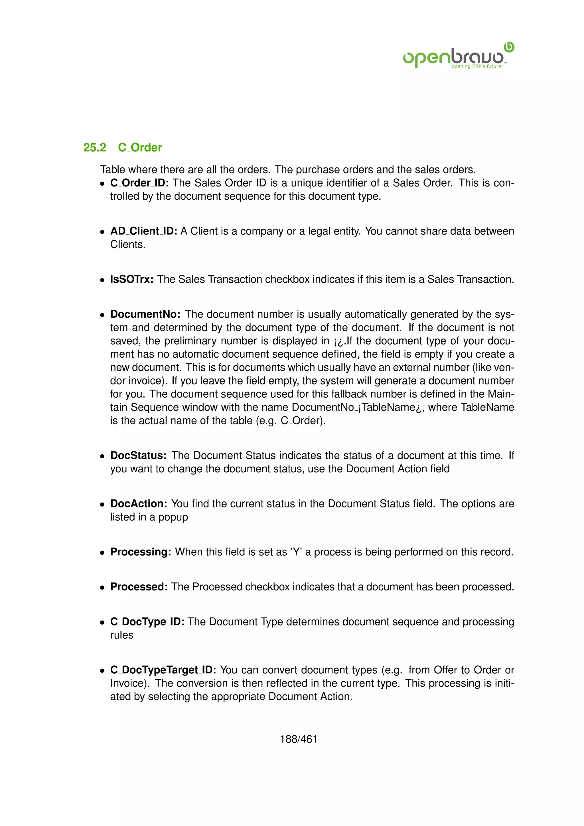 25.2   C Order
  Table where there are all the orders. The purchase orders and the sales orders.
  • C Order ID: The Sales Order ID is a unique identiﬁer of a Sales Order. This is con-
    trolled by the document sequence for this document type.


  • AD Client ID: A Client is a company or a legal entity. You cannot share data between
    Clients.


  • IsSOTrx: The Sales Transaction checkbox indicates if this item is a Sales Transaction.


  • DocumentNo: The document number is usually automatically generated by the sys-
    tem and determined by the document type of the document. If the document is not
    saved, the preliminary number is displayed in ¡¿.If the document type of your docu-
    ment has no automatic document sequence deﬁned, the ﬁeld is empty if you create a
    new document. This is for documents which usually have an external number (like ven-
    dor invoice). If you leave the ﬁeld empty, the system will generate a document number
    for you. The document sequence used for this fallback number is deﬁned in the Main-
    tain Sequence window with the name DocumentNo ¡TableName¿, where TableName
    is the actual name of the table (e.g. C Order).


  • DocStatus: The Document Status indicates the status of a document at this time. If
    you want to change the document status, use the Document Action ﬁeld


  • DocAction: You ﬁnd the current status in the Document Status ﬁeld. The options are
    listed in a popup


  • Processing: When this ﬁeld is set as ’Y’ a process is being performed on this record.


  • Processed: The Processed checkbox indicates that a document has been processed.


  • C DocType ID: The Document Type determines document sequence and processing
    rules


  • C DocTypeTarget ID: You can convert document types (e.g. from Offer to Order or
    Invoice). The conversion is then reﬂected in the current type. This processing is initi-
    ated by selecting the appropriate Document Action.


                                         188/461
 