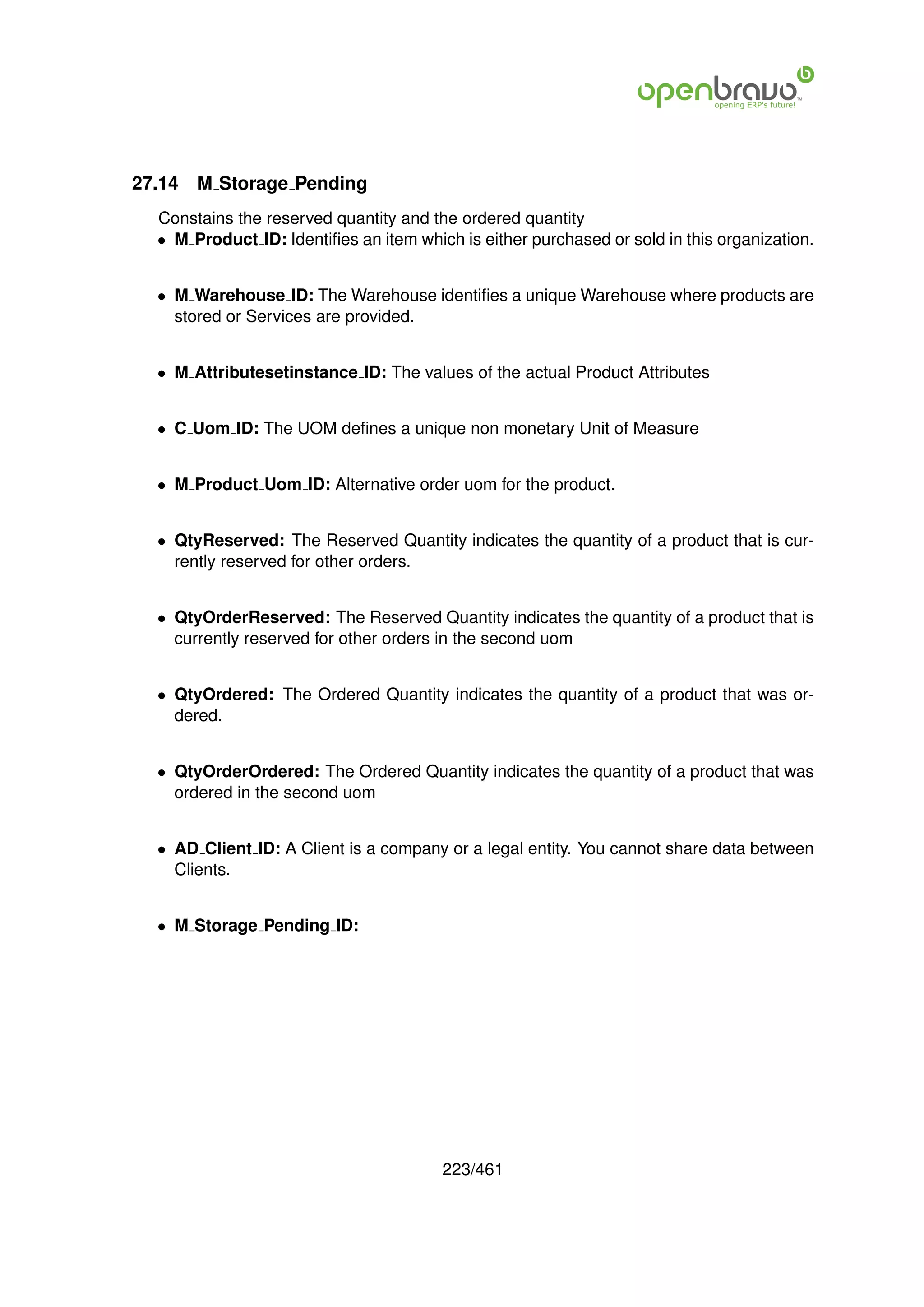 27.14   M Storage Pending
  Constains the reserved quantity and the ordered quantity
  • M Product ID: Identiﬁes an item which is either purchased or sold in this organization.


  • M Warehouse ID: The Warehouse identiﬁes a unique Warehouse where products are
    stored or Services are provided.


  • M Attributesetinstance ID: The values of the actual Product Attributes


  • C Uom ID: The UOM deﬁnes a unique non monetary Unit of Measure


  • M Product Uom ID: Alternative order uom for the product.


  • QtyReserved: The Reserved Quantity indicates the quantity of a product that is cur-
    rently reserved for other orders.


  • QtyOrderReserved: The Reserved Quantity indicates the quantity of a product that is
    currently reserved for other orders in the second uom


  • QtyOrdered: The Ordered Quantity indicates the quantity of a product that was or-
    dered.


  • QtyOrderOrdered: The Ordered Quantity indicates the quantity of a product that was
    ordered in the second uom


  • AD Client ID: A Client is a company or a legal entity. You cannot share data between
    Clients.


  • M Storage Pending ID:




                                        223/461
 