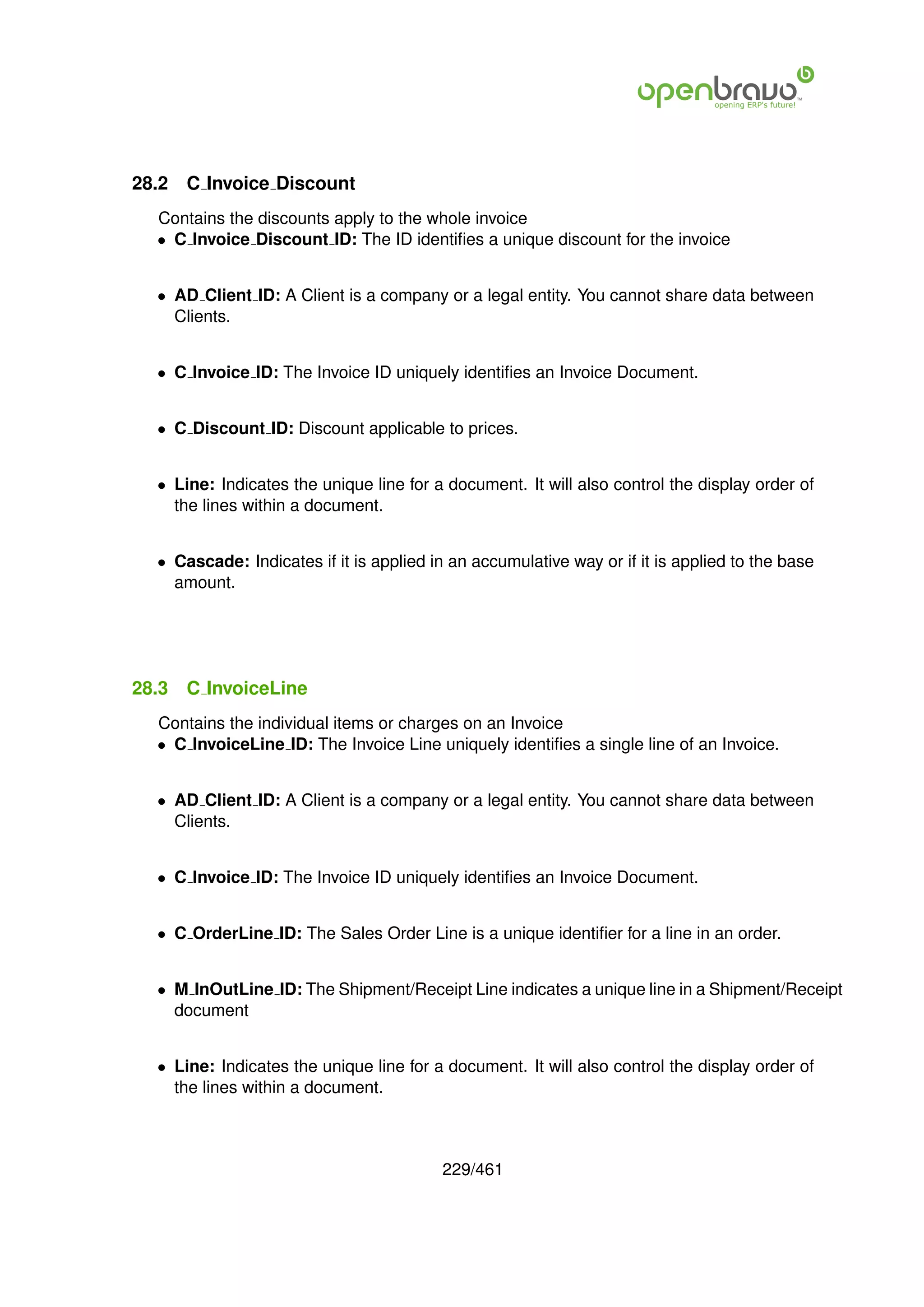28.2   C Invoice Discount
  Contains the discounts apply to the whole invoice
  • C Invoice Discount ID: The ID identiﬁes a unique discount for the invoice


  • AD Client ID: A Client is a company or a legal entity. You cannot share data between
    Clients.


  • C Invoice ID: The Invoice ID uniquely identiﬁes an Invoice Document.


  • C Discount ID: Discount applicable to prices.


  • Line: Indicates the unique line for a document. It will also control the display order of
    the lines within a document.


  • Cascade: Indicates if it is applied in an accumulative way or if it is applied to the base
    amount.




28.3   C InvoiceLine
  Contains the individual items or charges on an Invoice
  • C InvoiceLine ID: The Invoice Line uniquely identiﬁes a single line of an Invoice.


  • AD Client ID: A Client is a company or a legal entity. You cannot share data between
    Clients.


  • C Invoice ID: The Invoice ID uniquely identiﬁes an Invoice Document.


  • C OrderLine ID: The Sales Order Line is a unique identiﬁer for a line in an order.


  • M InOutLine ID: The Shipment/Receipt Line indicates a unique line in a Shipment/Receipt
    document


  • Line: Indicates the unique line for a document. It will also control the display order of
    the lines within a document.



                                         229/461
 