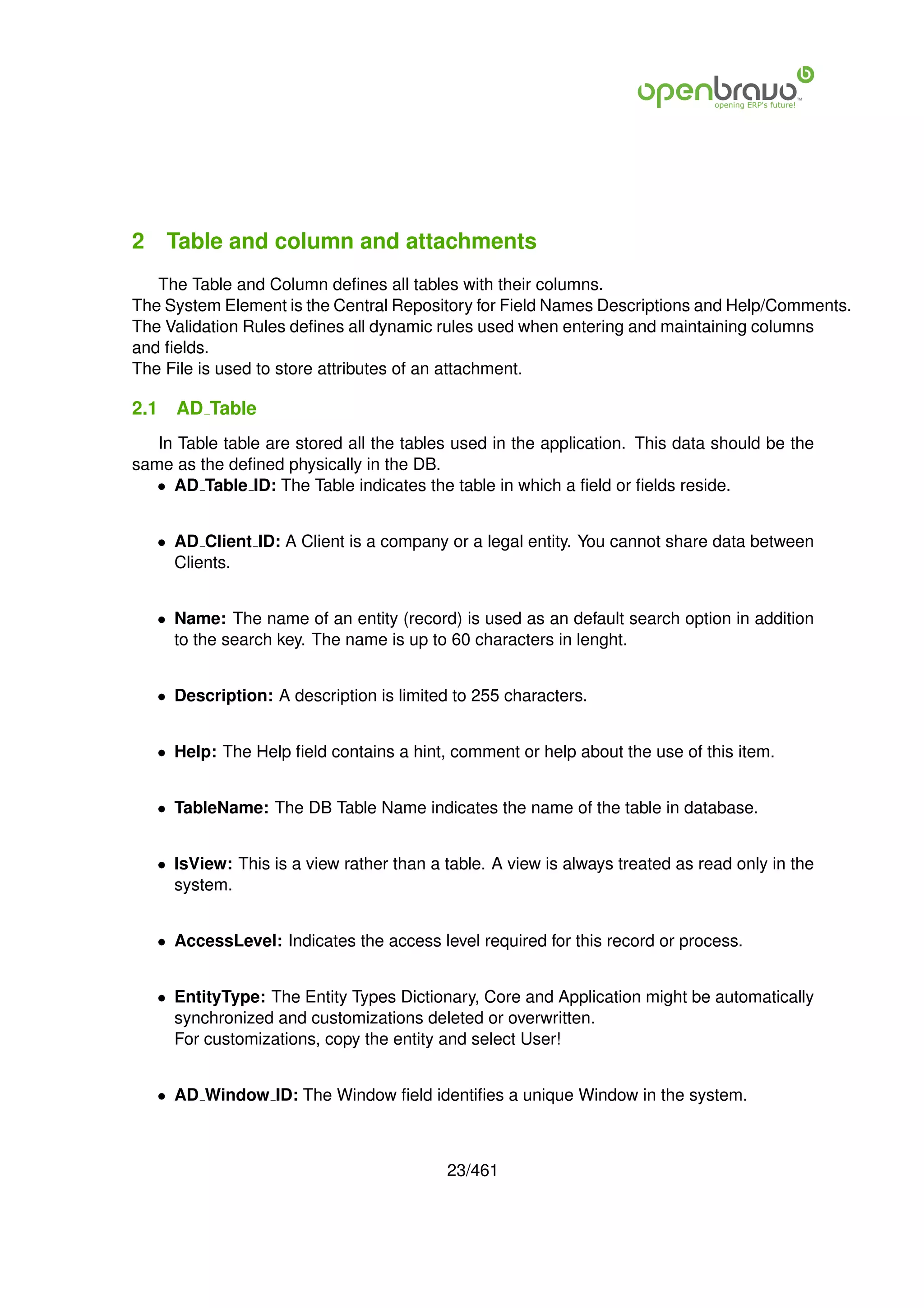 2 Table and column and attachments
   The Table and Column deﬁnes all tables with their columns.
The System Element is the Central Repository for Field Names Descriptions and Help/Comments.
The Validation Rules deﬁnes all dynamic rules used when entering and maintaining columns
and ﬁelds.
The File is used to store attributes of an attachment.

2.1   AD Table
   In Table table are stored all the tables used in the application. This data should be the
same as the deﬁned physically in the DB.
   • AD Table ID: The Table indicates the table in which a ﬁeld or ﬁelds reside.


   • AD Client ID: A Client is a company or a legal entity. You cannot share data between
     Clients.


   • Name: The name of an entity (record) is used as an default search option in addition
     to the search key. The name is up to 60 characters in lenght.


   • Description: A description is limited to 255 characters.


   • Help: The Help ﬁeld contains a hint, comment or help about the use of this item.


   • TableName: The DB Table Name indicates the name of the table in database.


   • IsView: This is a view rather than a table. A view is always treated as read only in the
     system.


   • AccessLevel: Indicates the access level required for this record or process.


   • EntityType: The Entity Types Dictionary, Core and Application might be automatically
     synchronized and customizations deleted or overwritten.
     For customizations, copy the entity and select User!


   • AD Window ID: The Window ﬁeld identiﬁes a unique Window in the system.



                                          23/461
 