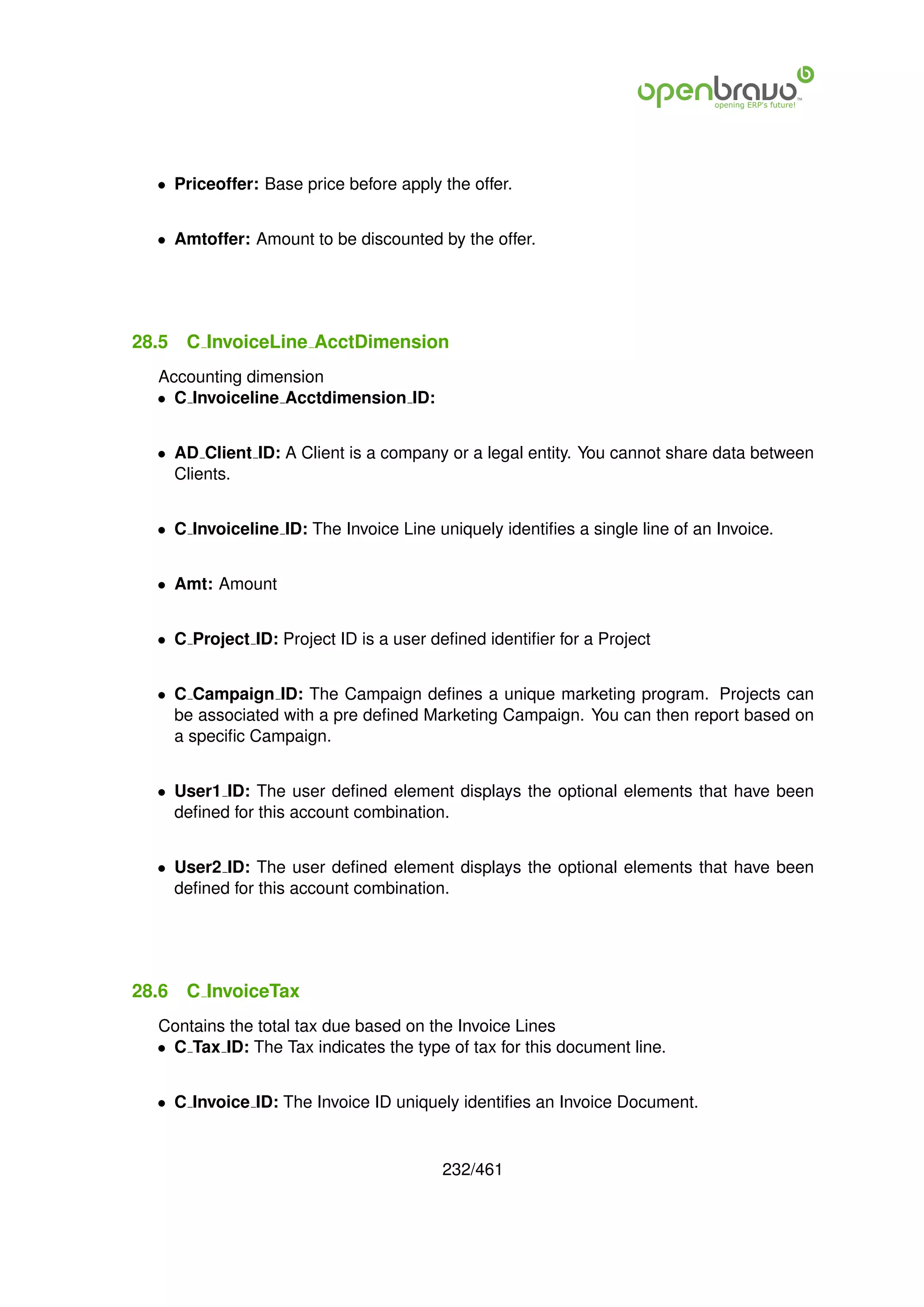 • Priceoffer: Base price before apply the offer.


  • Amtoffer: Amount to be discounted by the offer.




28.5   C InvoiceLine AcctDimension
  Accounting dimension
  • C Invoiceline Acctdimension ID:


  • AD Client ID: A Client is a company or a legal entity. You cannot share data between
    Clients.


  • C Invoiceline ID: The Invoice Line uniquely identiﬁes a single line of an Invoice.


  • Amt: Amount


  • C Project ID: Project ID is a user deﬁned identiﬁer for a Project


  • C Campaign ID: The Campaign deﬁnes a unique marketing program. Projects can
    be associated with a pre deﬁned Marketing Campaign. You can then report based on
    a speciﬁc Campaign.


  • User1 ID: The user deﬁned element displays the optional elements that have been
    deﬁned for this account combination.


  • User2 ID: The user deﬁned element displays the optional elements that have been
    deﬁned for this account combination.




28.6   C InvoiceTax
  Contains the total tax due based on the Invoice Lines
  • C Tax ID: The Tax indicates the type of tax for this document line.


  • C Invoice ID: The Invoice ID uniquely identiﬁes an Invoice Document.


                                        232/461
 