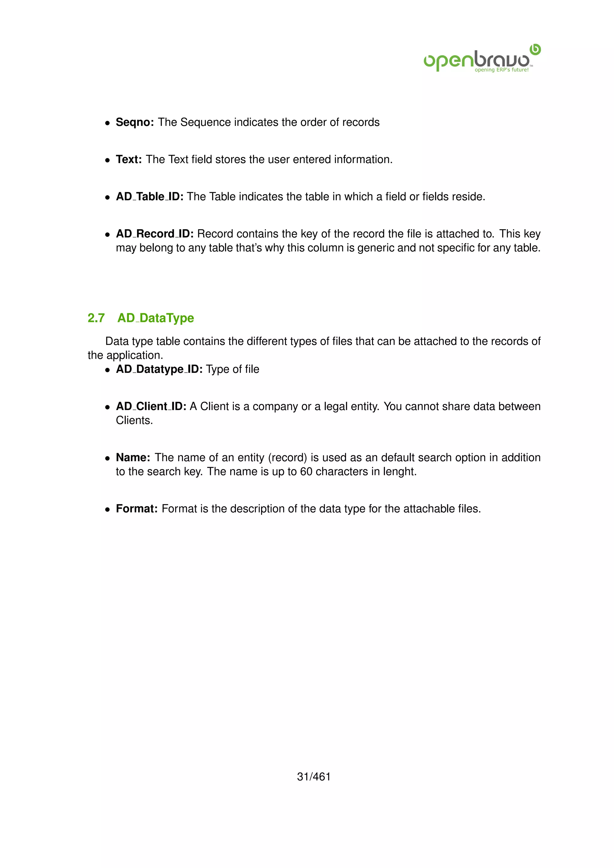 • Seqno: The Sequence indicates the order of records


   • Text: The Text ﬁeld stores the user entered information.


   • AD Table ID: The Table indicates the table in which a ﬁeld or ﬁelds reside.


   • AD Record ID: Record contains the key of the record the ﬁle is attached to. This key
     may belong to any table that’s why this column is generic and not speciﬁc for any table.




2.7   AD DataType
    Data type table contains the different types of ﬁles that can be attached to the records of
the application.
   • AD Datatype ID: Type of ﬁle


   • AD Client ID: A Client is a company or a legal entity. You cannot share data between
     Clients.


   • Name: The name of an entity (record) is used as an default search option in addition
     to the search key. The name is up to 60 characters in lenght.


   • Format: Format is the description of the data type for the attachable ﬁles.




                                           31/461
 