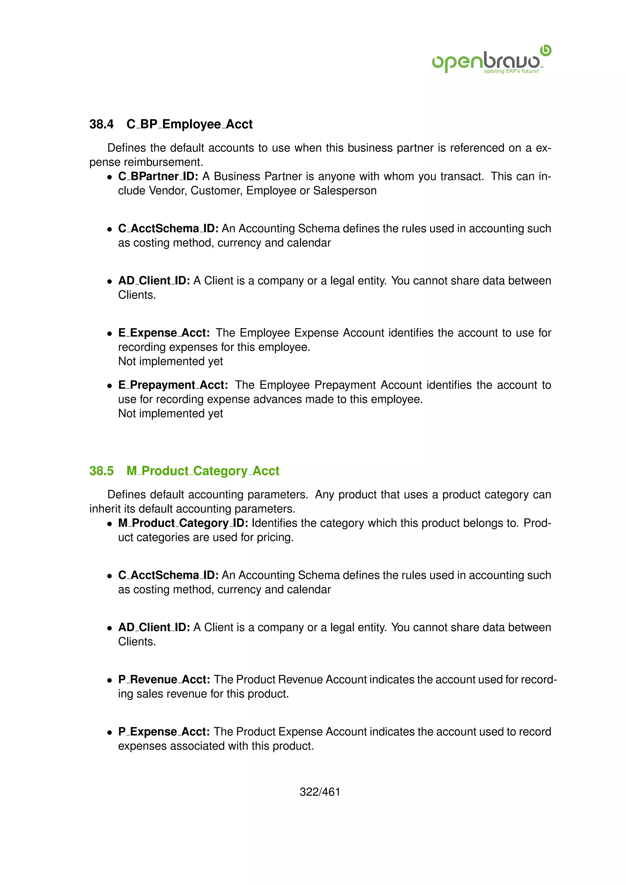 38.4   C BP Employee Acct
   Deﬁnes the default accounts to use when this business partner is referenced on a ex-
pense reimbursement.
   • C BPartner ID: A Business Partner is anyone with whom you transact. This can in-
     clude Vendor, Customer, Employee or Salesperson


   • C AcctSchema ID: An Accounting Schema deﬁnes the rules used in accounting such
     as costing method, currency and calendar


   • AD Client ID: A Client is a company or a legal entity. You cannot share data between
     Clients.


   • E Expense Acct: The Employee Expense Account identiﬁes the account to use for
     recording expenses for this employee.
     Not implemented yet

   • E Prepayment Acct: The Employee Prepayment Account identiﬁes the account to
     use for recording expense advances made to this employee.
     Not implemented yet




38.5   M Product Category Acct
   Deﬁnes default accounting parameters. Any product that uses a product category can
inherit its default accounting parameters.
   • M Product Category ID: Identiﬁes the category which this product belongs to. Prod-
      uct categories are used for pricing.


   • C AcctSchema ID: An Accounting Schema deﬁnes the rules used in accounting such
     as costing method, currency and calendar


   • AD Client ID: A Client is a company or a legal entity. You cannot share data between
     Clients.


   • P Revenue Acct: The Product Revenue Account indicates the account used for record-
     ing sales revenue for this product.


   • P Expense Acct: The Product Expense Account indicates the account used to record
     expenses associated with this product.



                                        322/461
 