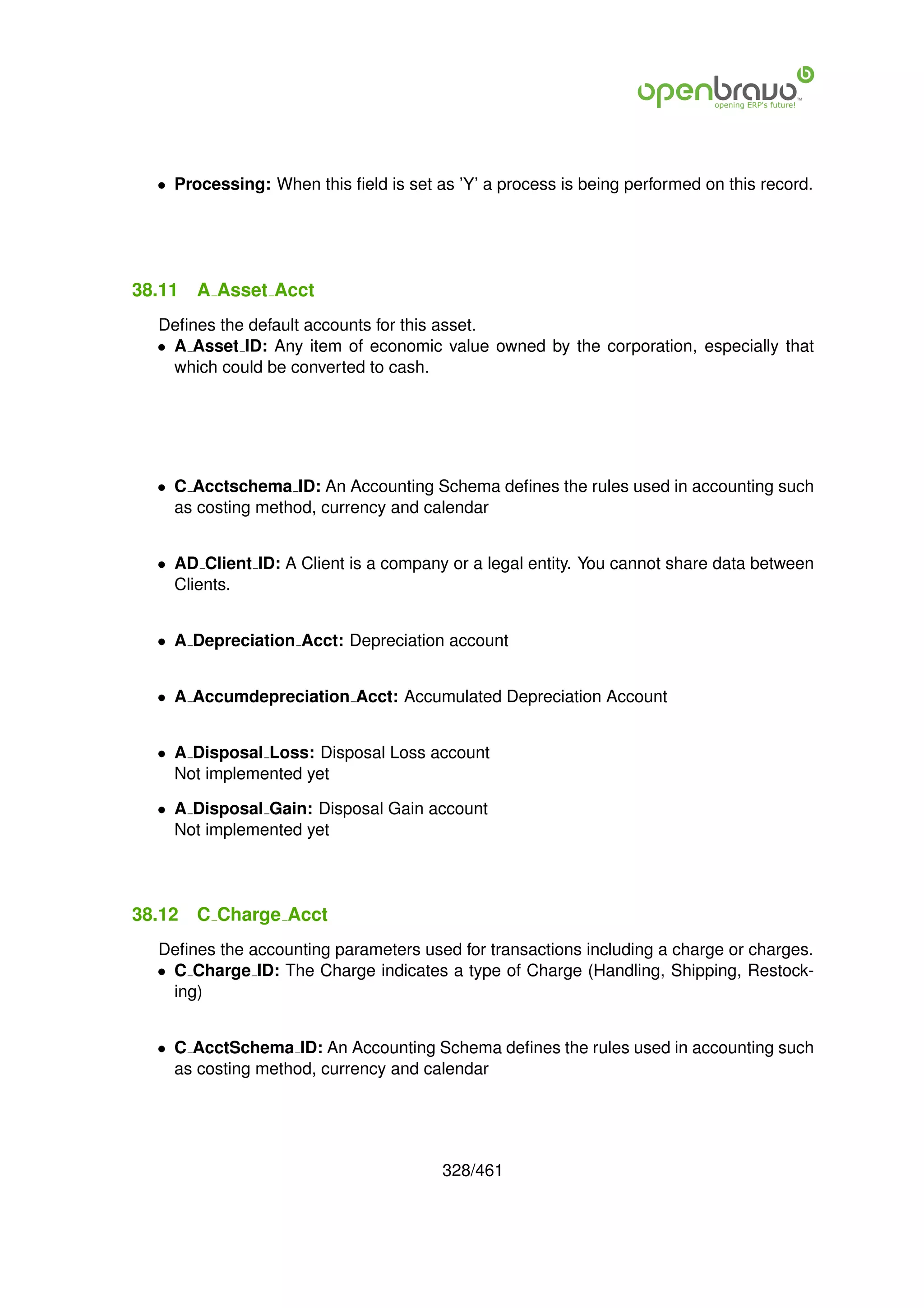 • Processing: When this ﬁeld is set as ’Y’ a process is being performed on this record.




38.11   A Asset Acct
  Deﬁnes the default accounts for this asset.
  • A Asset ID: Any item of economic value owned by the corporation, especially that
    which could be converted to cash.




  • C Acctschema ID: An Accounting Schema deﬁnes the rules used in accounting such
    as costing method, currency and calendar


  • AD Client ID: A Client is a company or a legal entity. You cannot share data between
    Clients.


  • A Depreciation Acct: Depreciation account


  • A Accumdepreciation Acct: Accumulated Depreciation Account


  • A Disposal Loss: Disposal Loss account
    Not implemented yet

  • A Disposal Gain: Disposal Gain account
    Not implemented yet




38.12   C Charge Acct
  Deﬁnes the accounting parameters used for transactions including a charge or charges.
  • C Charge ID: The Charge indicates a type of Charge (Handling, Shipping, Restock-
    ing)


  • C AcctSchema ID: An Accounting Schema deﬁnes the rules used in accounting such
    as costing method, currency and calendar




                                       328/461
 