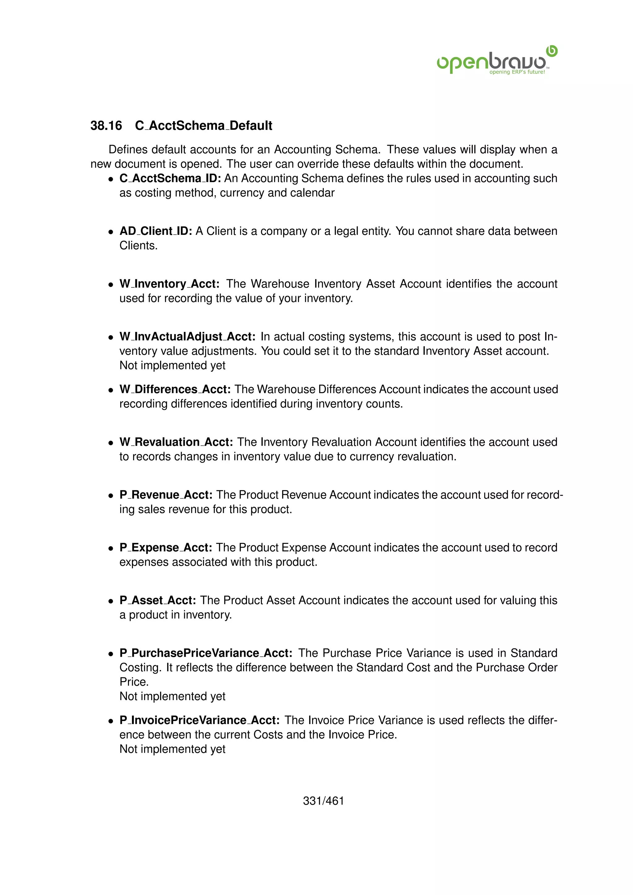 38.16   C AcctSchema Default
   Deﬁnes default accounts for an Accounting Schema. These values will display when a
new document is opened. The user can override these defaults within the document.
   • C AcctSchema ID: An Accounting Schema deﬁnes the rules used in accounting such
     as costing method, currency and calendar


   • AD Client ID: A Client is a company or a legal entity. You cannot share data between
     Clients.


   • W Inventory Acct: The Warehouse Inventory Asset Account identiﬁes the account
     used for recording the value of your inventory.


   • W InvActualAdjust Acct: In actual costing systems, this account is used to post In-
     ventory value adjustments. You could set it to the standard Inventory Asset account.
     Not implemented yet

   • W Differences Acct: The Warehouse Differences Account indicates the account used
     recording differences identiﬁed during inventory counts.


   • W Revaluation Acct: The Inventory Revaluation Account identiﬁes the account used
     to records changes in inventory value due to currency revaluation.


   • P Revenue Acct: The Product Revenue Account indicates the account used for record-
     ing sales revenue for this product.


   • P Expense Acct: The Product Expense Account indicates the account used to record
     expenses associated with this product.


   • P Asset Acct: The Product Asset Account indicates the account used for valuing this
     a product in inventory.


   • P PurchasePriceVariance Acct: The Purchase Price Variance is used in Standard
     Costing. It reﬂects the difference between the Standard Cost and the Purchase Order
     Price.
     Not implemented yet

   • P InvoicePriceVariance Acct: The Invoice Price Variance is used reﬂects the differ-
     ence between the current Costs and the Invoice Price.
     Not implemented yet



                                        331/461
 