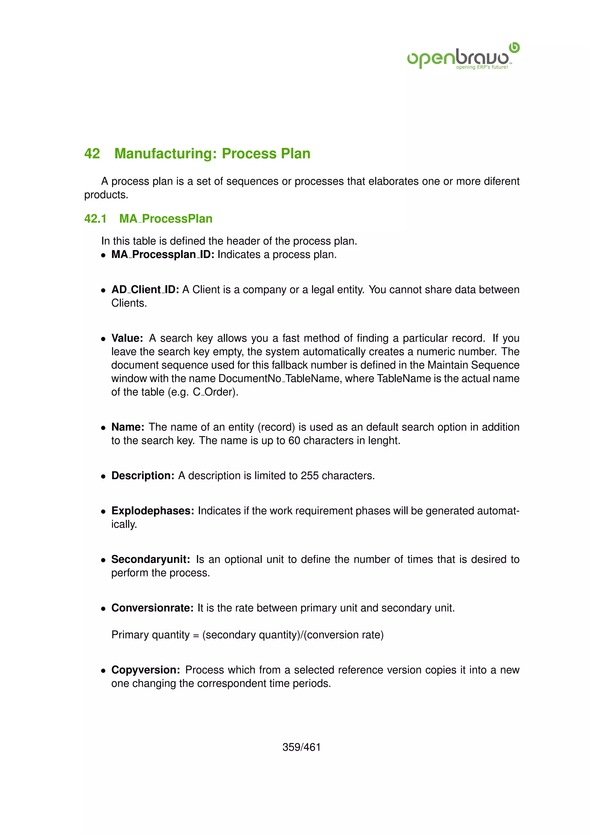 42 Manufacturing: Process Plan
   A process plan is a set of sequences or processes that elaborates one or more diferent
products.

42.1    MA ProcessPlan
   In this table is deﬁned the header of the process plan.
   • MA Processplan ID: Indicates a process plan.


   • AD Client ID: A Client is a company or a legal entity. You cannot share data between
     Clients.


   • Value: A search key allows you a fast method of ﬁnding a particular record. If you
     leave the search key empty, the system automatically creates a numeric number. The
     document sequence used for this fallback number is deﬁned in the Maintain Sequence
     window with the name DocumentNo TableName, where TableName is the actual name
     of the table (e.g. C Order).


   • Name: The name of an entity (record) is used as an default search option in addition
     to the search key. The name is up to 60 characters in lenght.


   • Description: A description is limited to 255 characters.


   • Explodephases: Indicates if the work requirement phases will be generated automat-
     ically.


   • Secondaryunit: Is an optional unit to deﬁne the number of times that is desired to
     perform the process.


   • Conversionrate: It is the rate between primary unit and secondary unit.

       Primary quantity = (secondary quantity)/(conversion rate)


   • Copyversion: Process which from a selected reference version copies it into a new
     one changing the correspondent time periods.




                                          359/461
 