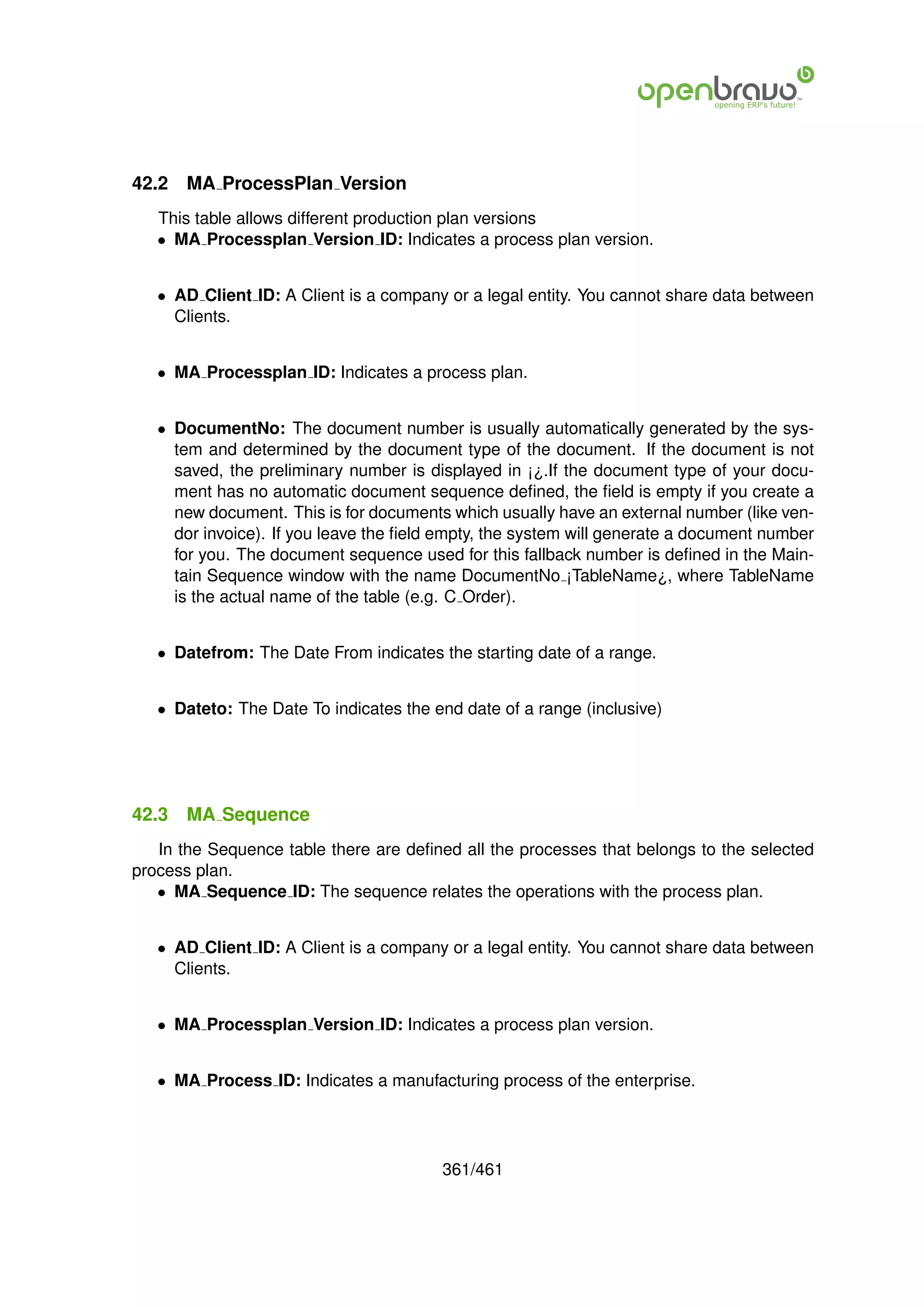 42.2   MA ProcessPlan Version
   This table allows different production plan versions
   • MA Processplan Version ID: Indicates a process plan version.


   • AD Client ID: A Client is a company or a legal entity. You cannot share data between
     Clients.


   • MA Processplan ID: Indicates a process plan.


   • DocumentNo: The document number is usually automatically generated by the sys-
     tem and determined by the document type of the document. If the document is not
     saved, the preliminary number is displayed in ¡¿.If the document type of your docu-
     ment has no automatic document sequence deﬁned, the ﬁeld is empty if you create a
     new document. This is for documents which usually have an external number (like ven-
     dor invoice). If you leave the ﬁeld empty, the system will generate a document number
     for you. The document sequence used for this fallback number is deﬁned in the Main-
     tain Sequence window with the name DocumentNo ¡TableName¿, where TableName
     is the actual name of the table (e.g. C Order).


   • Datefrom: The Date From indicates the starting date of a range.


   • Dateto: The Date To indicates the end date of a range (inclusive)




42.3   MA Sequence
   In the Sequence table there are deﬁned all the processes that belongs to the selected
process plan.
   • MA Sequence ID: The sequence relates the operations with the process plan.


   • AD Client ID: A Client is a company or a legal entity. You cannot share data between
     Clients.


   • MA Processplan Version ID: Indicates a process plan version.


   • MA Process ID: Indicates a manufacturing process of the enterprise.




                                        361/461
 