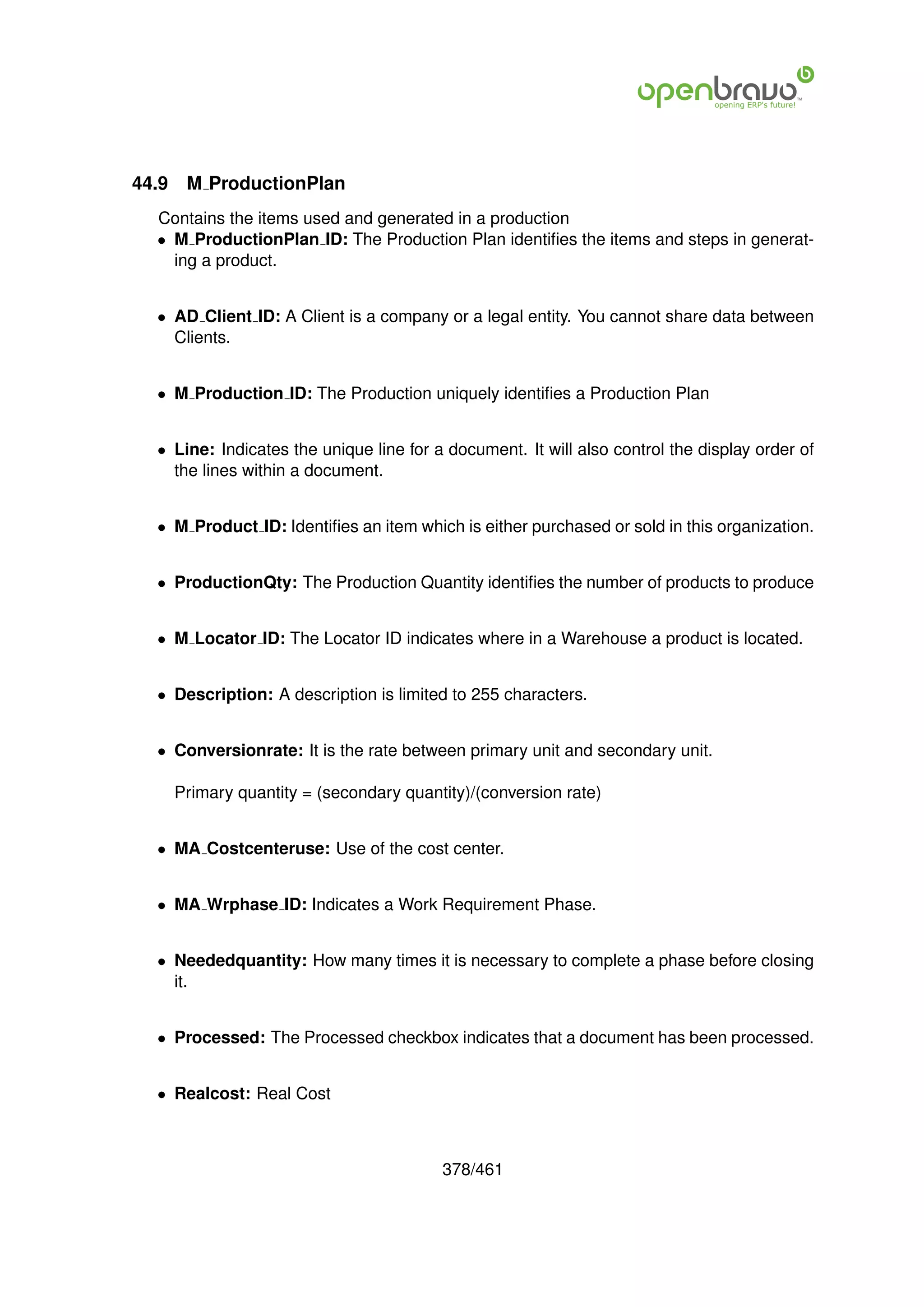 44.9    M ProductionPlan
  Contains the items used and generated in a production
  • M ProductionPlan ID: The Production Plan identiﬁes the items and steps in generat-
    ing a product.


  • AD Client ID: A Client is a company or a legal entity. You cannot share data between
    Clients.


  • M Production ID: The Production uniquely identiﬁes a Production Plan


  • Line: Indicates the unique line for a document. It will also control the display order of
    the lines within a document.


  • M Product ID: Identiﬁes an item which is either purchased or sold in this organization.


  • ProductionQty: The Production Quantity identiﬁes the number of products to produce


  • M Locator ID: The Locator ID indicates where in a Warehouse a product is located.


  • Description: A description is limited to 255 characters.


  • Conversionrate: It is the rate between primary unit and secondary unit.

       Primary quantity = (secondary quantity)/(conversion rate)


  • MA Costcenteruse: Use of the cost center.


  • MA Wrphase ID: Indicates a Work Requirement Phase.


  • Neededquantity: How many times it is necessary to complete a phase before closing
    it.


  • Processed: The Processed checkbox indicates that a document has been processed.


  • Realcost: Real Cost



                                          378/461
 