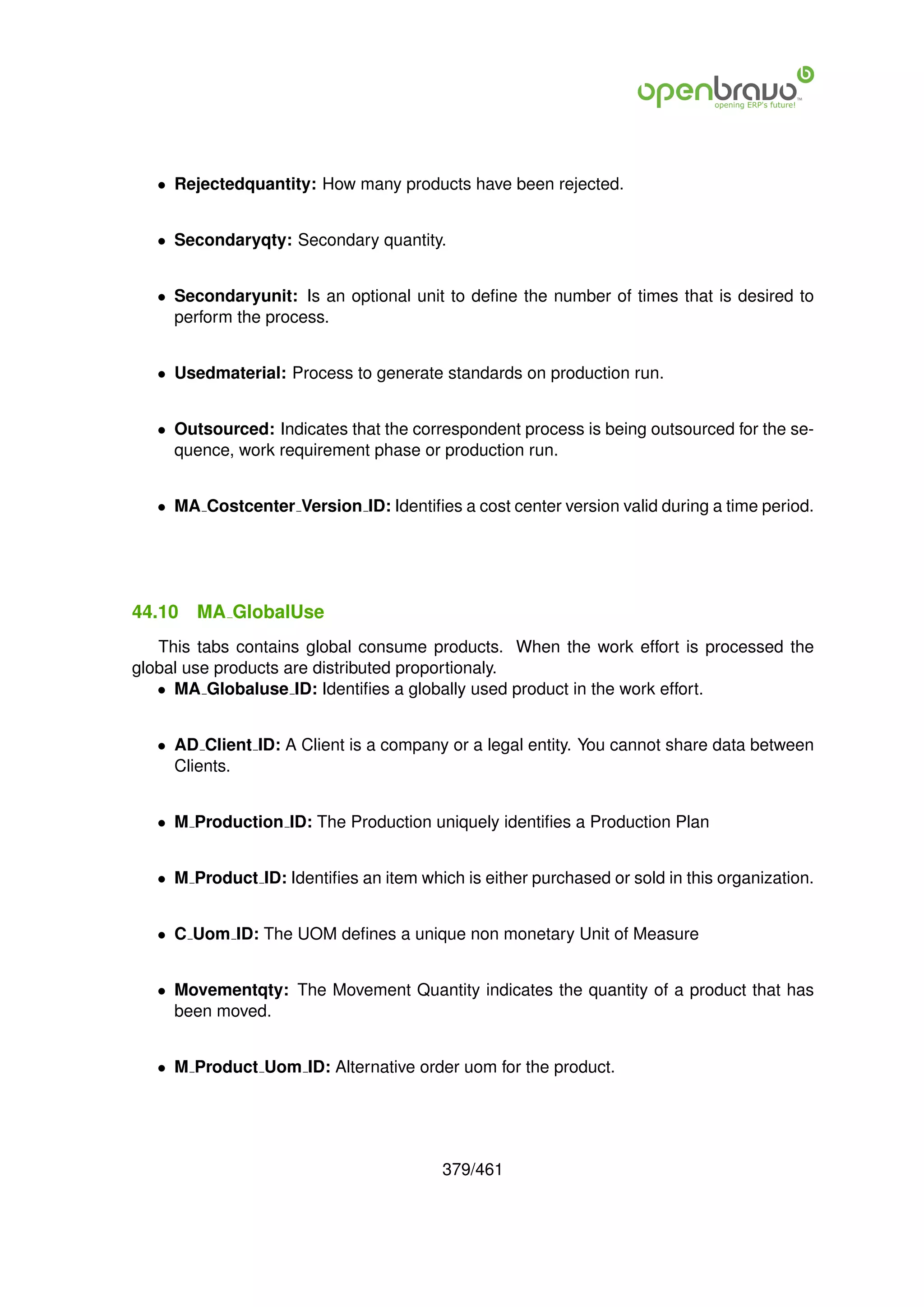 • Rejectedquantity: How many products have been rejected.


   • Secondaryqty: Secondary quantity.


   • Secondaryunit: Is an optional unit to deﬁne the number of times that is desired to
     perform the process.


   • Usedmaterial: Process to generate standards on production run.


   • Outsourced: Indicates that the correspondent process is being outsourced for the se-
     quence, work requirement phase or production run.


   • MA Costcenter Version ID: Identiﬁes a cost center version valid during a time period.




44.10   MA GlobalUse
   This tabs contains global consume products. When the work effort is processed the
global use products are distributed proportionaly.
   • MA Globaluse ID: Identiﬁes a globally used product in the work effort.


   • AD Client ID: A Client is a company or a legal entity. You cannot share data between
     Clients.


   • M Production ID: The Production uniquely identiﬁes a Production Plan


   • M Product ID: Identiﬁes an item which is either purchased or sold in this organization.


   • C Uom ID: The UOM deﬁnes a unique non monetary Unit of Measure


   • Movementqty: The Movement Quantity indicates the quantity of a product that has
     been moved.


   • M Product Uom ID: Alternative order uom for the product.




                                         379/461
 