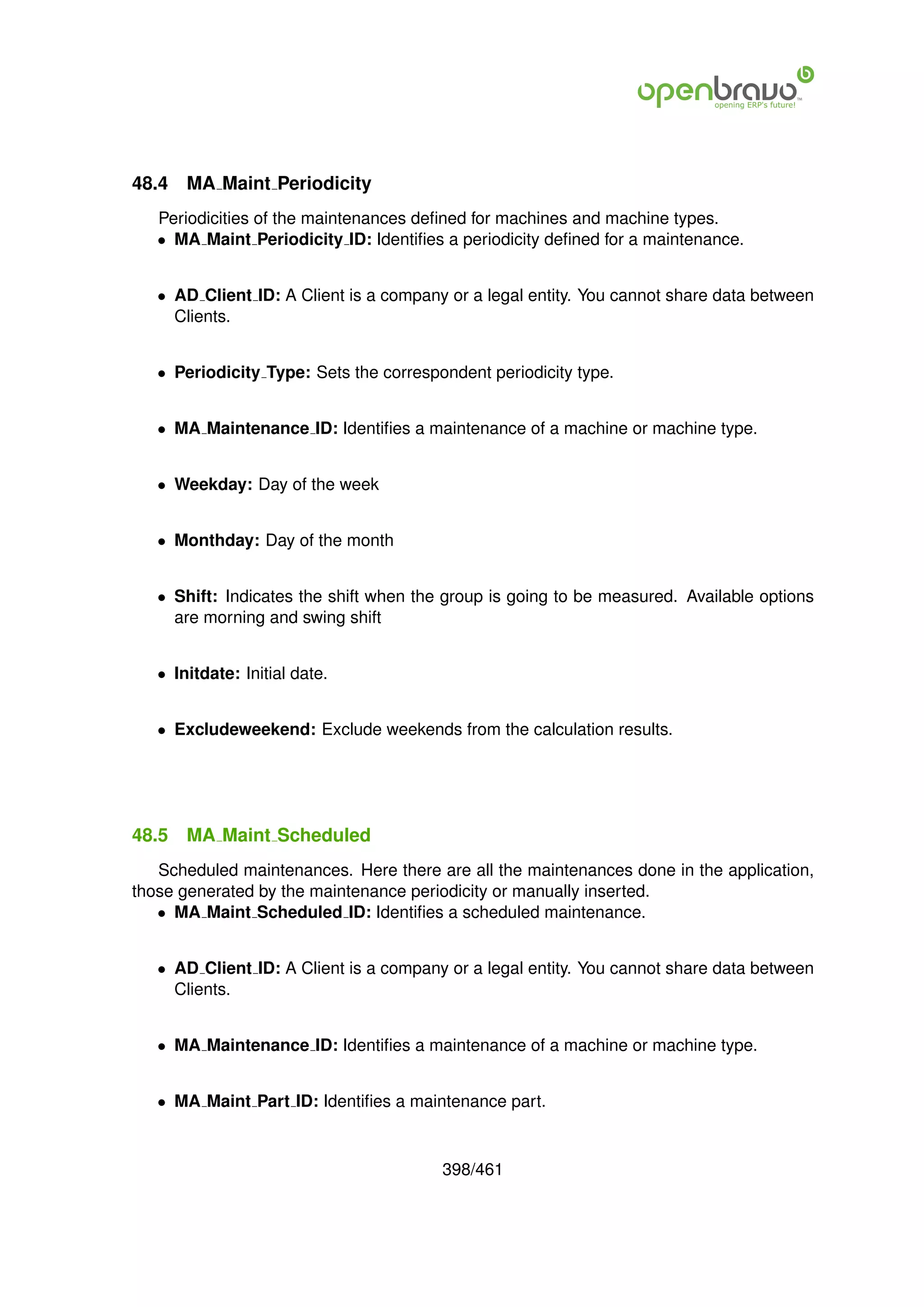 48.4   MA Maint Periodicity
   Periodicities of the maintenances deﬁned for machines and machine types.
   • MA Maint Periodicity ID: Identiﬁes a periodicity deﬁned for a maintenance.


   • AD Client ID: A Client is a company or a legal entity. You cannot share data between
     Clients.


   • Periodicity Type: Sets the correspondent periodicity type.


   • MA Maintenance ID: Identiﬁes a maintenance of a machine or machine type.


   • Weekday: Day of the week


   • Monthday: Day of the month


   • Shift: Indicates the shift when the group is going to be measured. Available options
     are morning and swing shift


   • Initdate: Initial date.


   • Excludeweekend: Exclude weekends from the calculation results.




48.5   MA Maint Scheduled
   Scheduled maintenances. Here there are all the maintenances done in the application,
those generated by the maintenance periodicity or manually inserted.
   • MA Maint Scheduled ID: Identiﬁes a scheduled maintenance.


   • AD Client ID: A Client is a company or a legal entity. You cannot share data between
     Clients.


   • MA Maintenance ID: Identiﬁes a maintenance of a machine or machine type.


   • MA Maint Part ID: Identiﬁes a maintenance part.



                                        398/461
 