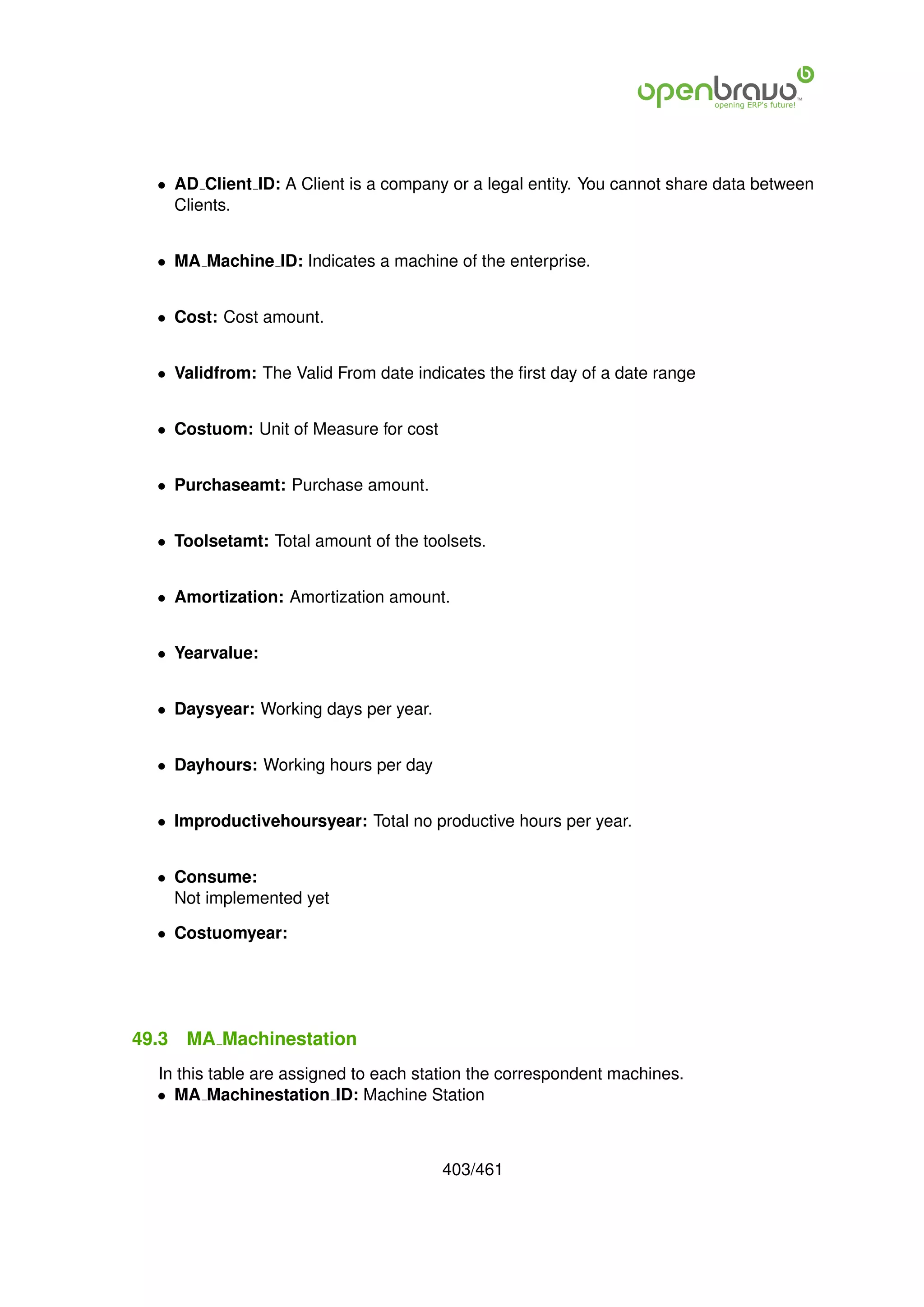 • AD Client ID: A Client is a company or a legal entity. You cannot share data between
    Clients.


  • MA Machine ID: Indicates a machine of the enterprise.


  • Cost: Cost amount.


  • Validfrom: The Valid From date indicates the ﬁrst day of a date range


  • Costuom: Unit of Measure for cost


  • Purchaseamt: Purchase amount.


  • Toolsetamt: Total amount of the toolsets.


  • Amortization: Amortization amount.


  • Yearvalue:


  • Daysyear: Working days per year.


  • Dayhours: Working hours per day


  • Improductivehoursyear: Total no productive hours per year.


  • Consume:
    Not implemented yet

  • Costuomyear:




49.3   MA Machinestation
  In this table are assigned to each station the correspondent machines.
  • MA Machinestation ID: Machine Station



                                        403/461
 