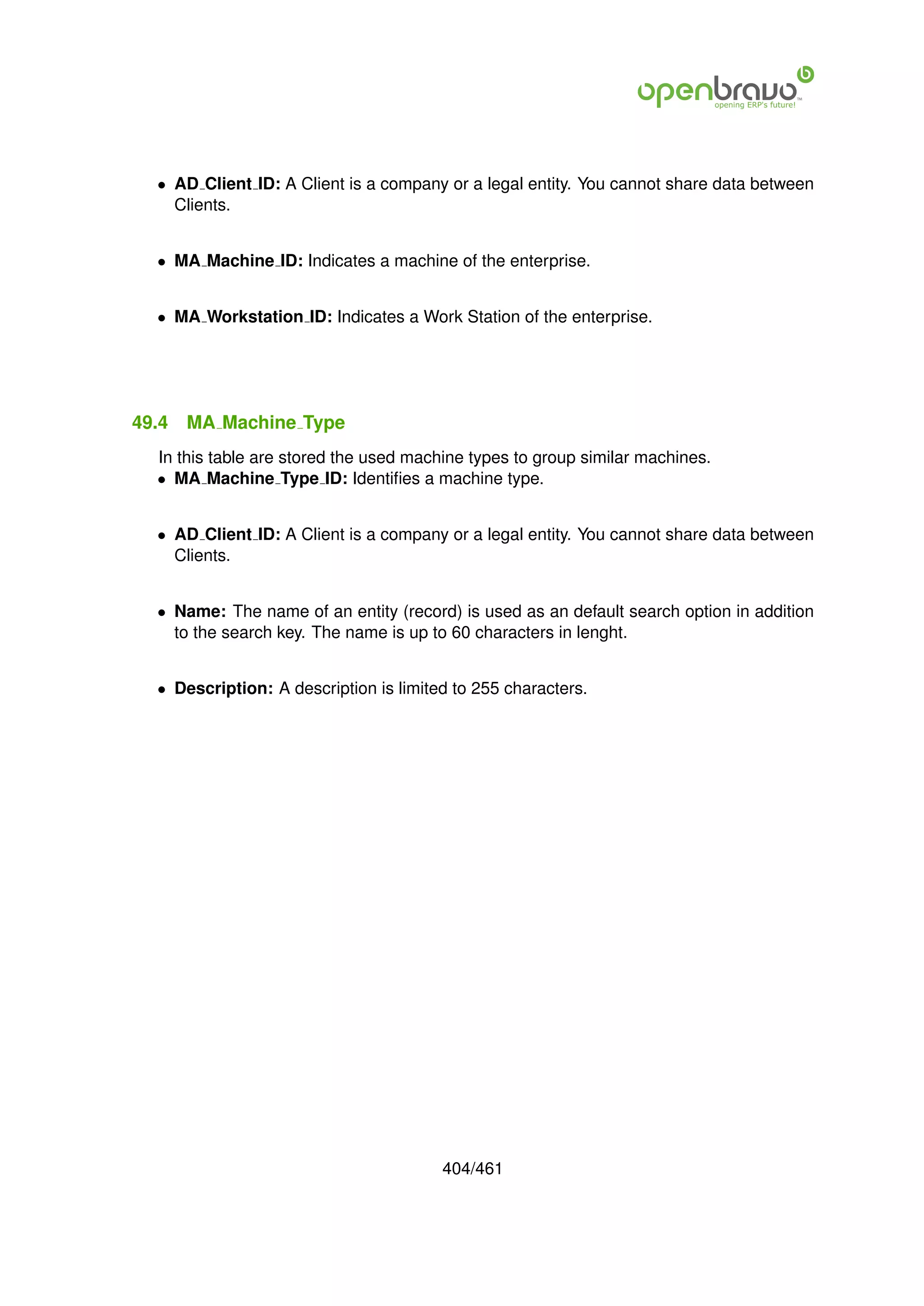 • AD Client ID: A Client is a company or a legal entity. You cannot share data between
    Clients.


  • MA Machine ID: Indicates a machine of the enterprise.


  • MA Workstation ID: Indicates a Work Station of the enterprise.




49.4   MA Machine Type
  In this table are stored the used machine types to group similar machines.
  • MA Machine Type ID: Identiﬁes a machine type.


  • AD Client ID: A Client is a company or a legal entity. You cannot share data between
    Clients.


  • Name: The name of an entity (record) is used as an default search option in addition
    to the search key. The name is up to 60 characters in lenght.


  • Description: A description is limited to 255 characters.




                                        404/461
 