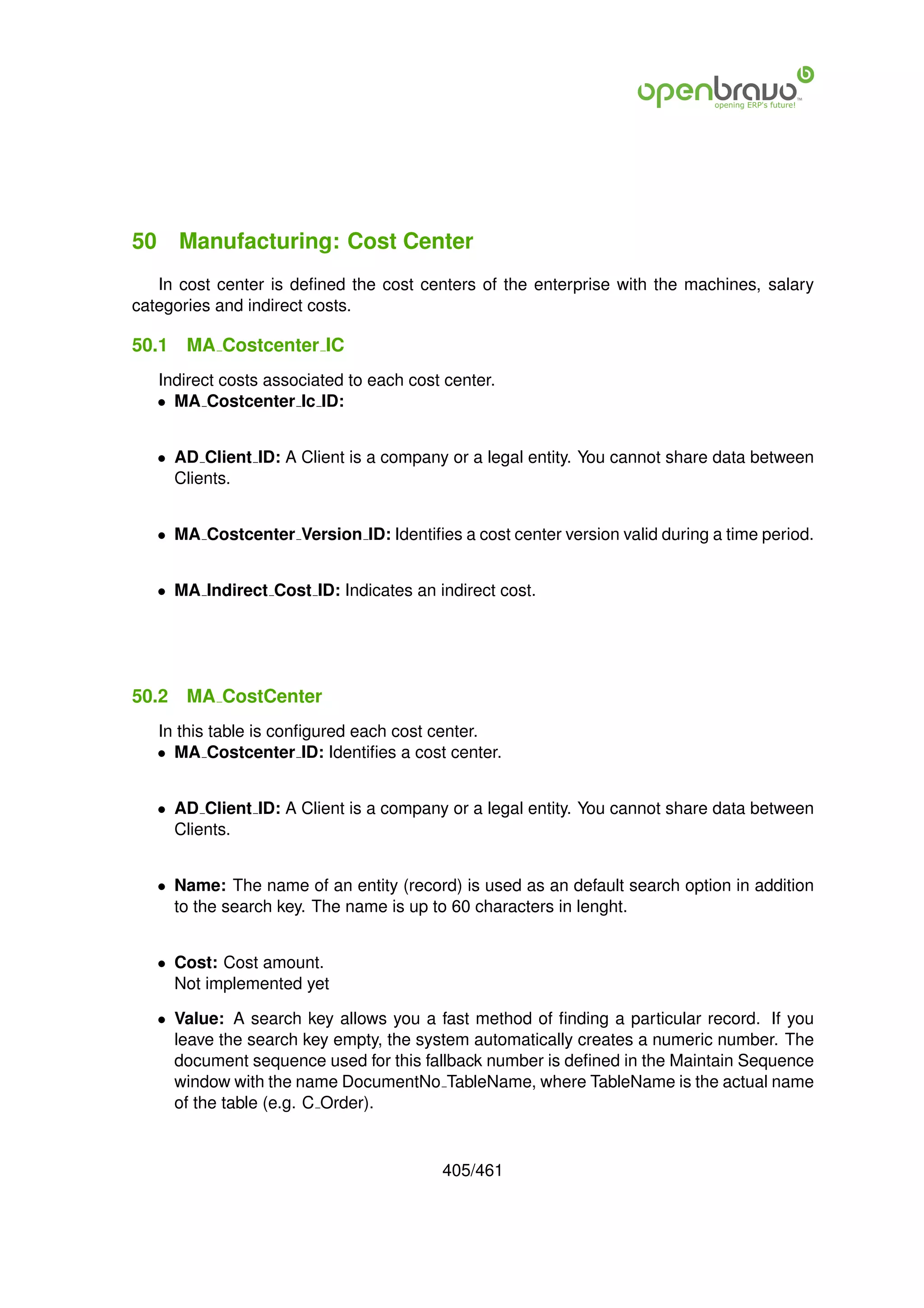50 Manufacturing: Cost Center
   In cost center is deﬁned the cost centers of the enterprise with the machines, salary
categories and indirect costs.

50.1   MA Costcenter IC
   Indirect costs associated to each cost center.
   • MA Costcenter Ic ID:


   • AD Client ID: A Client is a company or a legal entity. You cannot share data between
     Clients.


   • MA Costcenter Version ID: Identiﬁes a cost center version valid during a time period.


   • MA Indirect Cost ID: Indicates an indirect cost.




50.2   MA CostCenter
   In this table is conﬁgured each cost center.
   • MA Costcenter ID: Identiﬁes a cost center.


   • AD Client ID: A Client is a company or a legal entity. You cannot share data between
     Clients.


   • Name: The name of an entity (record) is used as an default search option in addition
     to the search key. The name is up to 60 characters in lenght.


   • Cost: Cost amount.
     Not implemented yet

   • Value: A search key allows you a fast method of ﬁnding a particular record. If you
     leave the search key empty, the system automatically creates a numeric number. The
     document sequence used for this fallback number is deﬁned in the Maintain Sequence
     window with the name DocumentNo TableName, where TableName is the actual name
     of the table (e.g. C Order).


                                         405/461
 