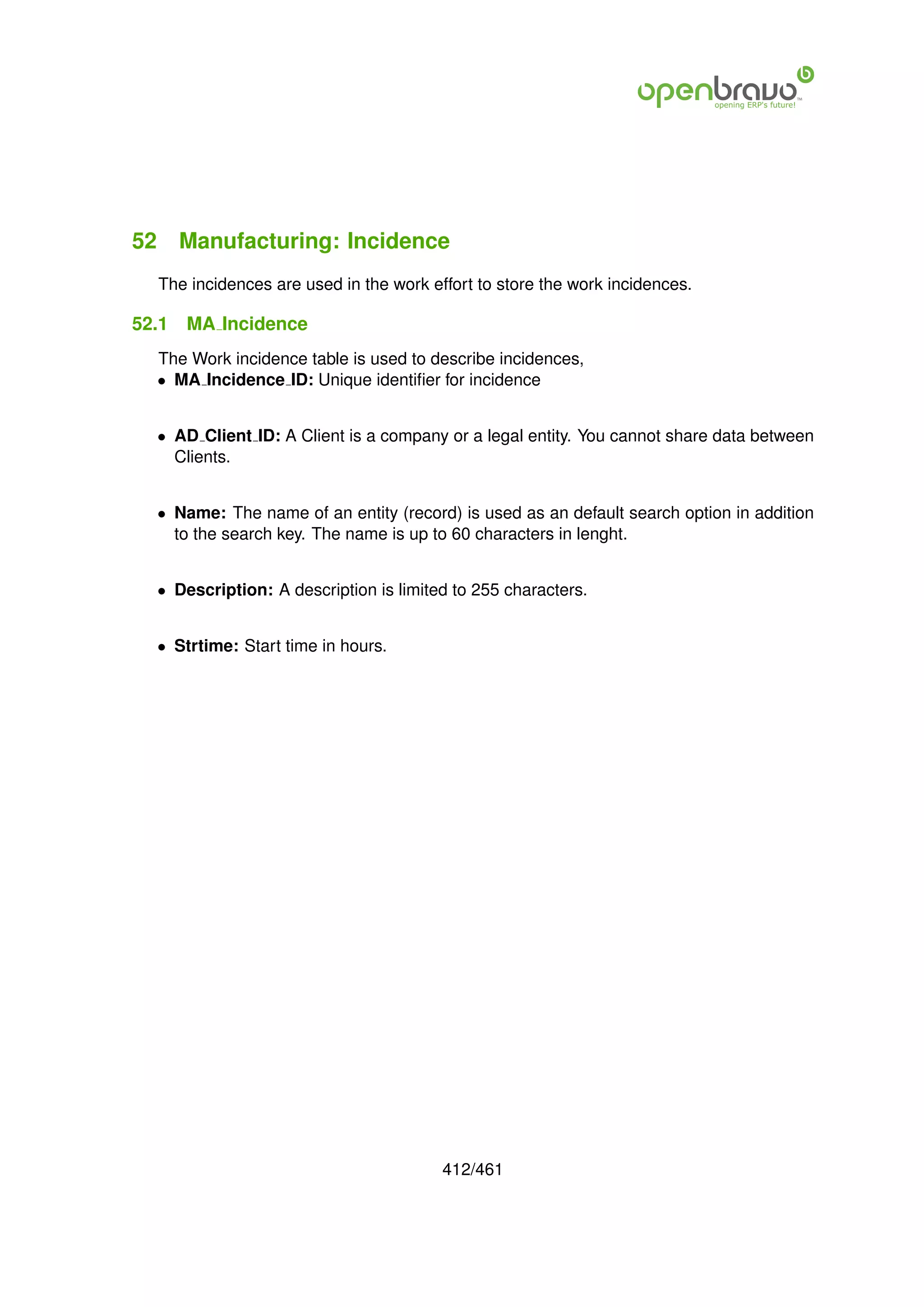 52 Manufacturing: Incidence
  The incidences are used in the work effort to store the work incidences.

52.1   MA Incidence
  The Work incidence table is used to describe incidences,
  • MA Incidence ID: Unique identiﬁer for incidence


  • AD Client ID: A Client is a company or a legal entity. You cannot share data between
    Clients.


  • Name: The name of an entity (record) is used as an default search option in addition
    to the search key. The name is up to 60 characters in lenght.


  • Description: A description is limited to 255 characters.


  • Strtime: Start time in hours.




                                        412/461
 