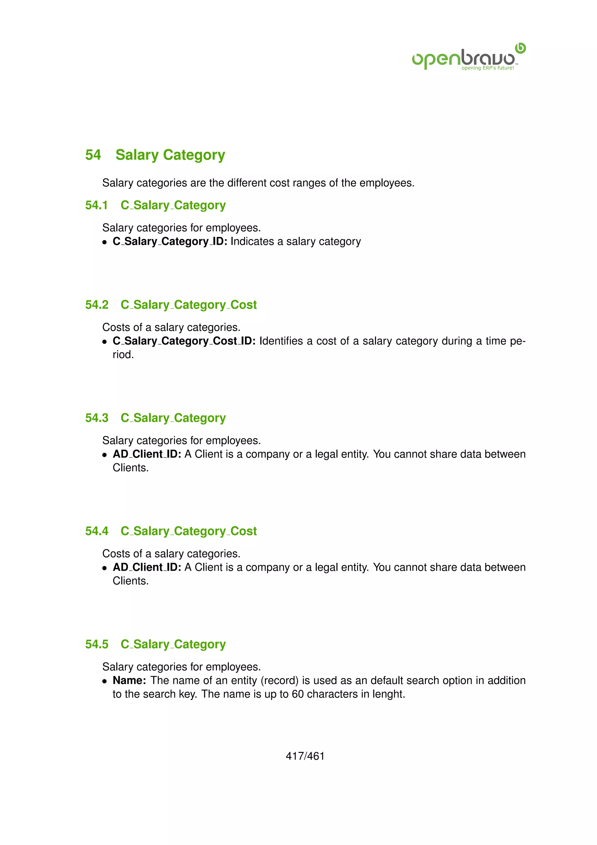 54 Salary Category
  Salary categories are the different cost ranges of the employees.

54.1   C Salary Category
  Salary categories for employees.
  • C Salary Category ID: Indicates a salary category




54.2   C Salary Category Cost
  Costs of a salary categories.
  • C Salary Category Cost ID: Identiﬁes a cost of a salary category during a time pe-
    riod.




54.3   C Salary Category
  Salary categories for employees.
  • AD Client ID: A Client is a company or a legal entity. You cannot share data between
    Clients.




54.4   C Salary Category Cost
  Costs of a salary categories.
  • AD Client ID: A Client is a company or a legal entity. You cannot share data between
    Clients.




54.5   C Salary Category
  Salary categories for employees.
  • Name: The name of an entity (record) is used as an default search option in addition
    to the search key. The name is up to 60 characters in lenght.




                                        417/461
 