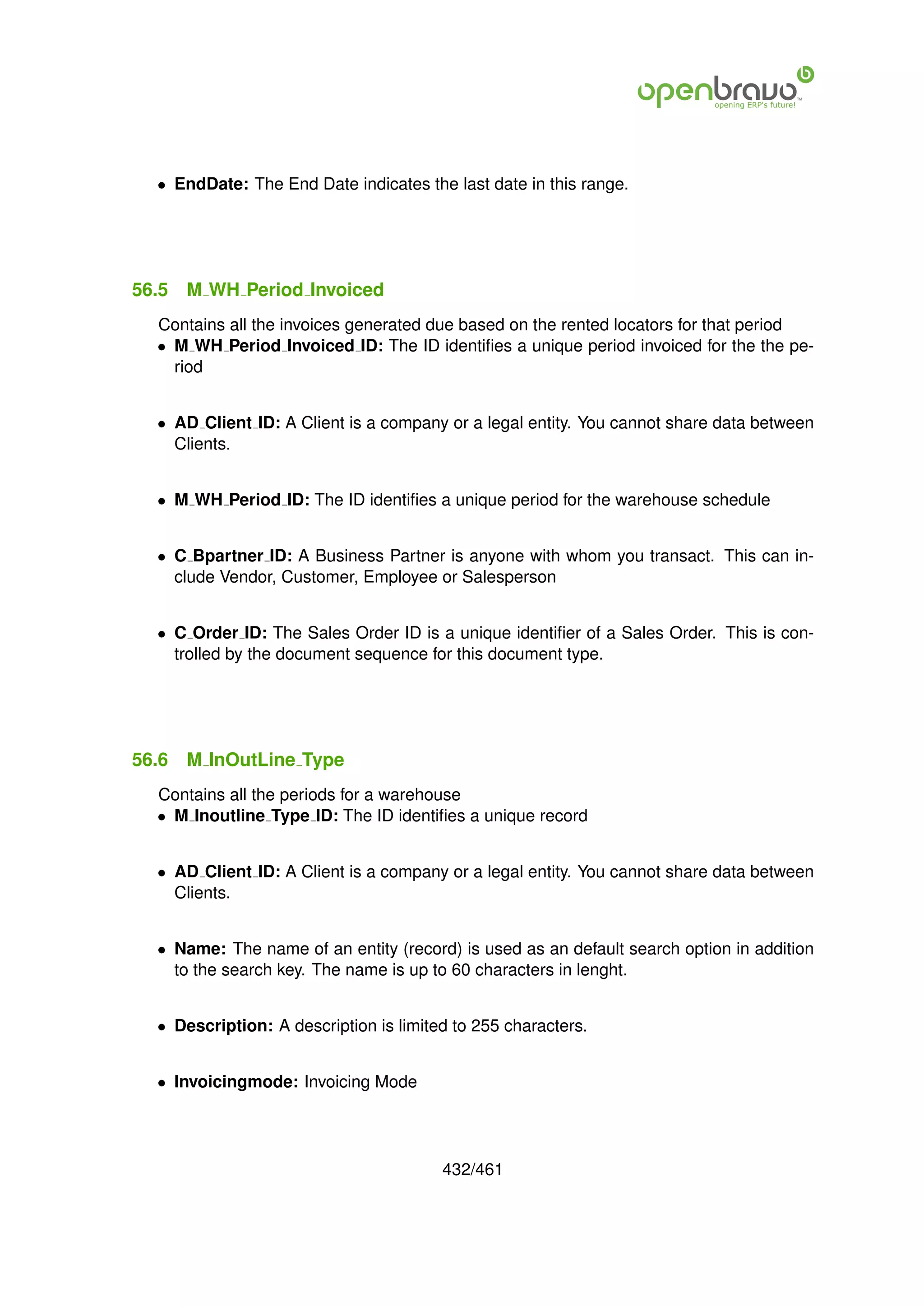 • EndDate: The End Date indicates the last date in this range.




56.5   M WH Period Invoiced
  Contains all the invoices generated due based on the rented locators for that period
  • M WH Period Invoiced ID: The ID identiﬁes a unique period invoiced for the the pe-
    riod


  • AD Client ID: A Client is a company or a legal entity. You cannot share data between
    Clients.


  • M WH Period ID: The ID identiﬁes a unique period for the warehouse schedule


  • C Bpartner ID: A Business Partner is anyone with whom you transact. This can in-
    clude Vendor, Customer, Employee or Salesperson


  • C Order ID: The Sales Order ID is a unique identiﬁer of a Sales Order. This is con-
    trolled by the document sequence for this document type.




56.6   M InOutLine Type
  Contains all the periods for a warehouse
  • M Inoutline Type ID: The ID identiﬁes a unique record


  • AD Client ID: A Client is a company or a legal entity. You cannot share data between
    Clients.


  • Name: The name of an entity (record) is used as an default search option in addition
    to the search key. The name is up to 60 characters in lenght.


  • Description: A description is limited to 255 characters.


  • Invoicingmode: Invoicing Mode




                                        432/461
 